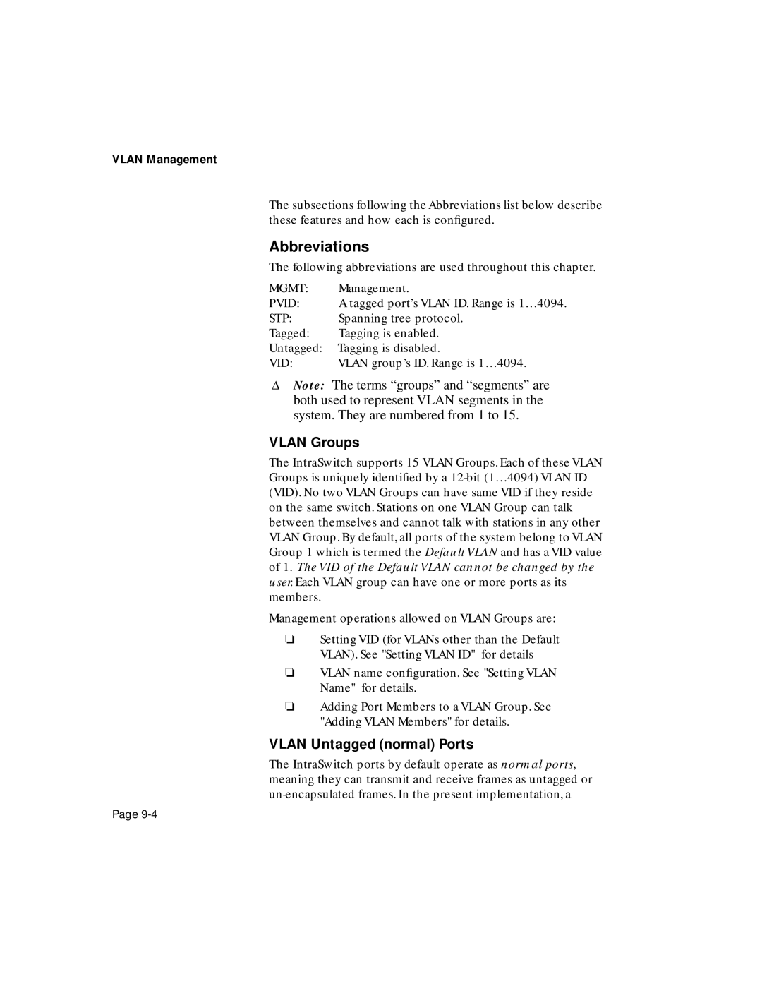 Asante Technologies 6200 manual Abbreviations, Vlan Groups, Vlan Untagged normal Ports 