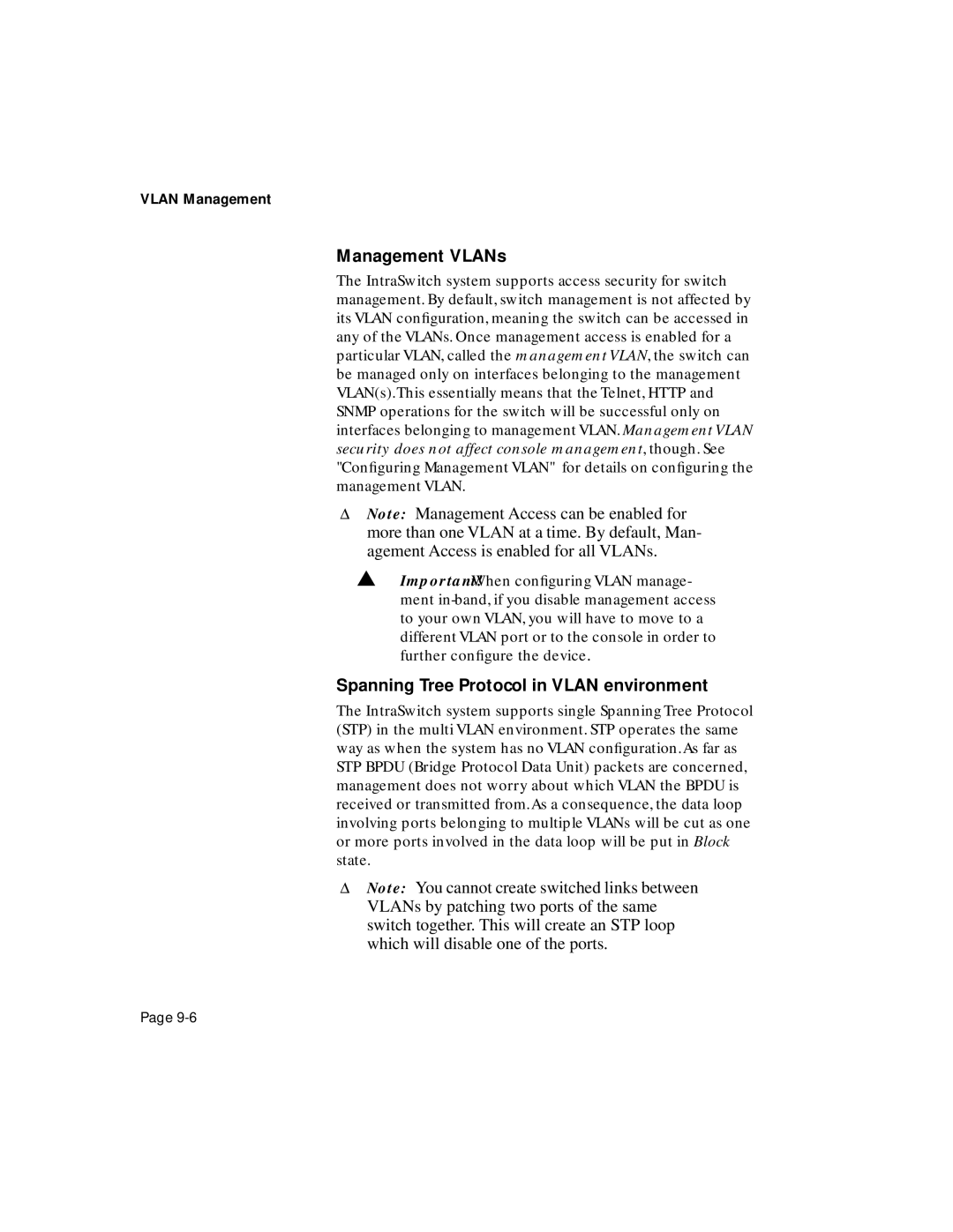 Asante Technologies 6200 manual Management VLANs, Spanning Tree Protocol in Vlan environment 