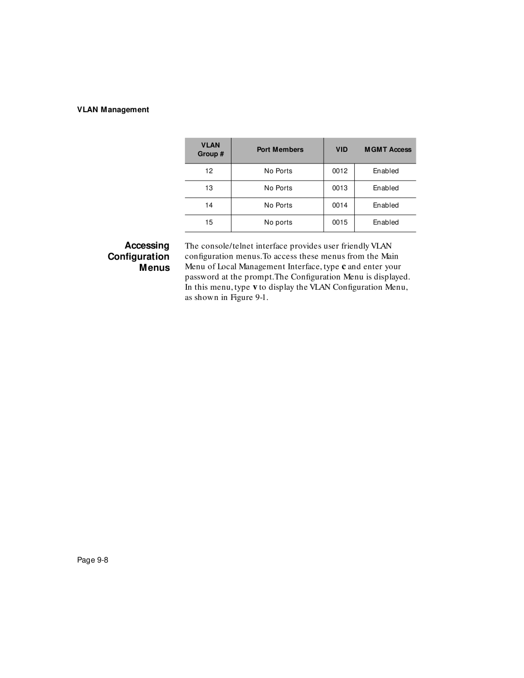 Asante Technologies 6200 manual Accessing Conﬁguration Menus, No Ports 0012 Enabled 0013 0014 No ports 0015 