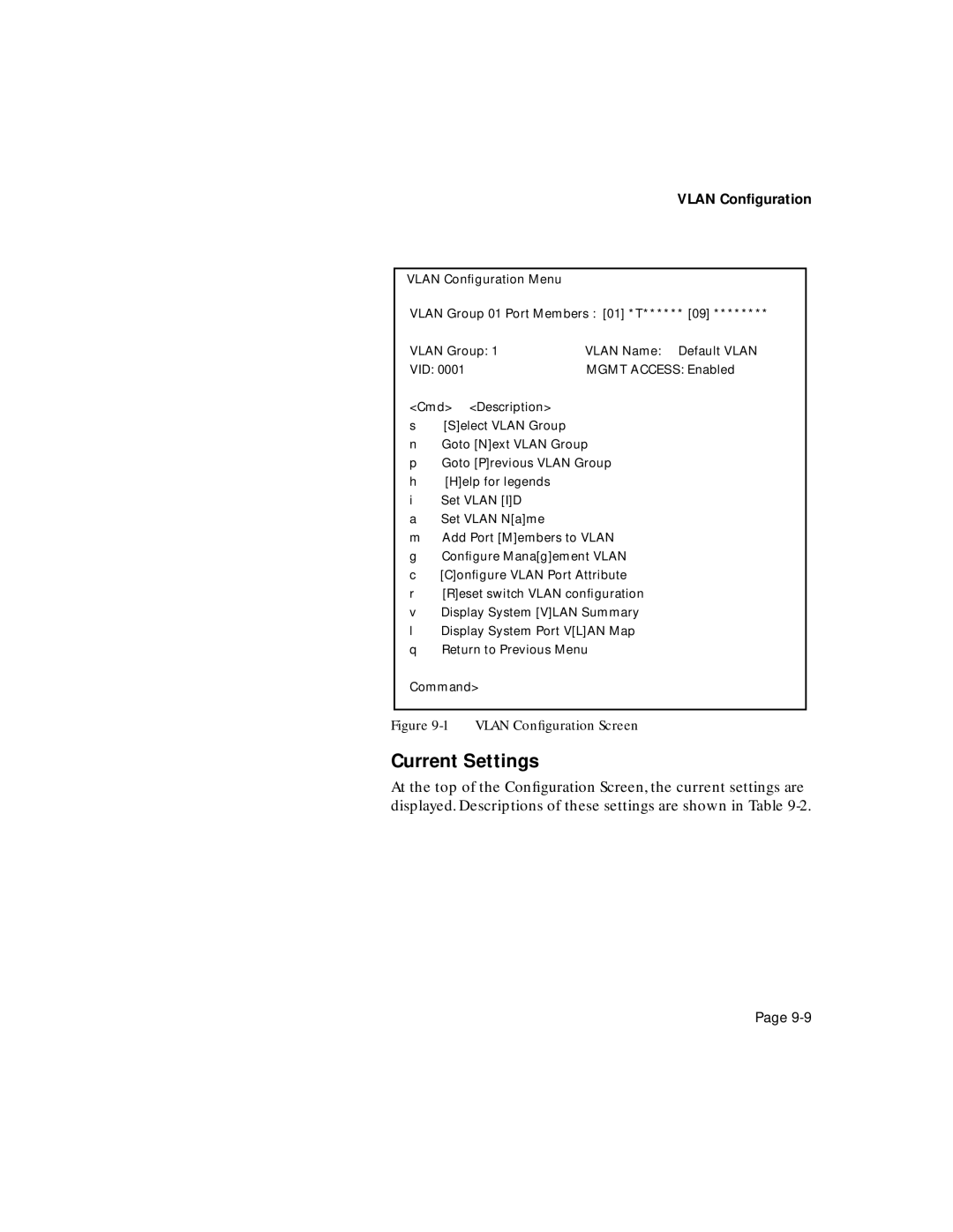 Asante Technologies 6200 manual Current Settings, Vlan Conﬁguration Screen 