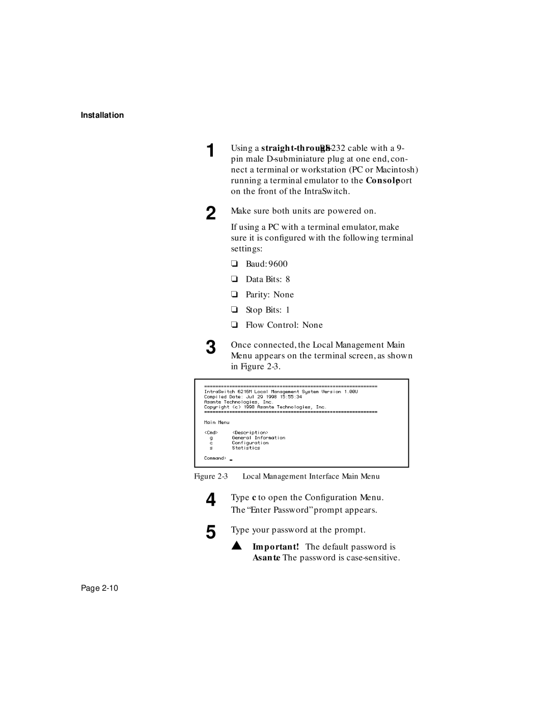 Asante Technologies 6200 manual Using a straight-throughRS-232 cable with a 