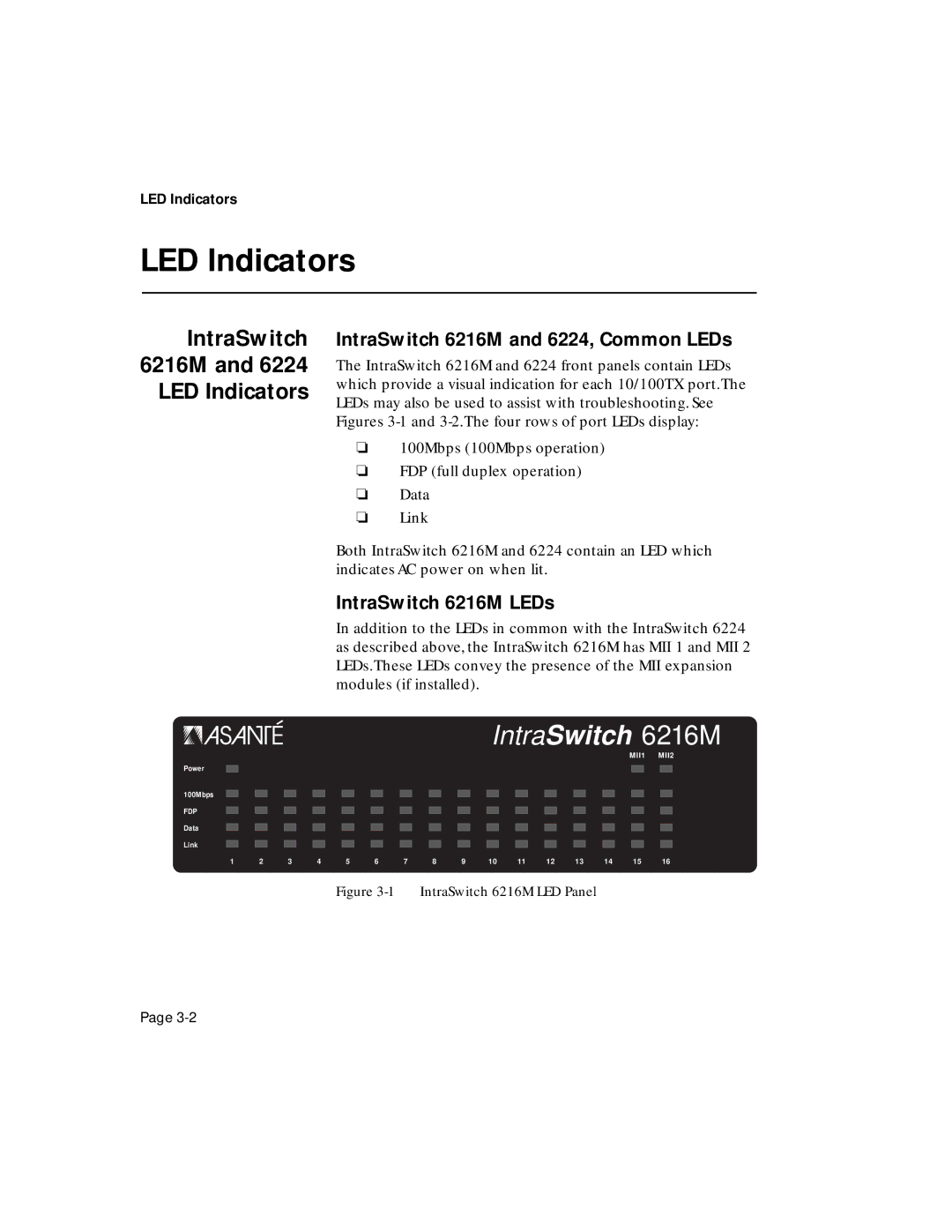 Asante Technologies 6200 manual IntraSwitch 6216M and 6224 LED Indicators, IntraSwitch 6216M and 6224, Common LEDs 