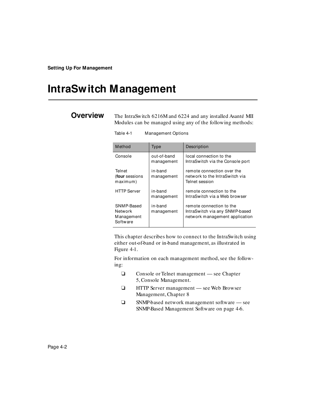 Asante Technologies 6200 manual IntraSwitch Management, Management Options 