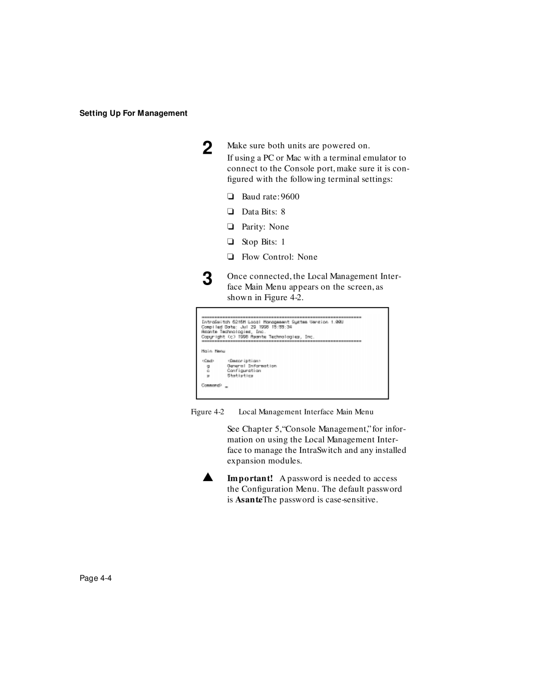 Asante Technologies 6200 manual Local Management Interface Main Menu 