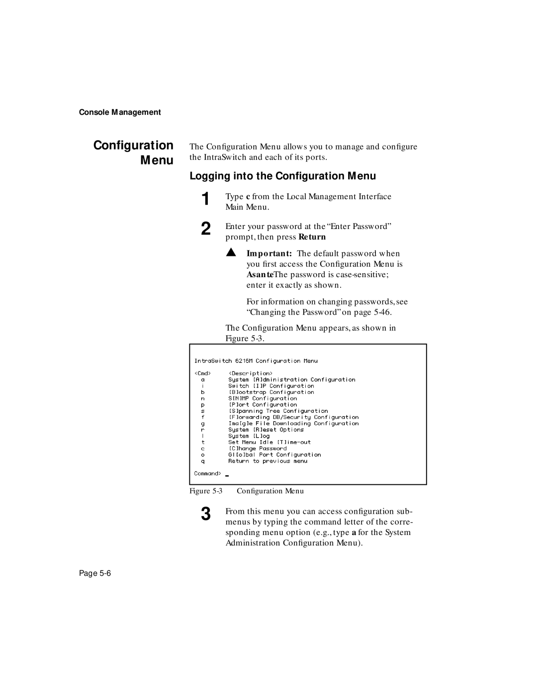 Asante Technologies 6200 manual Logging into the Conﬁguration Menu 