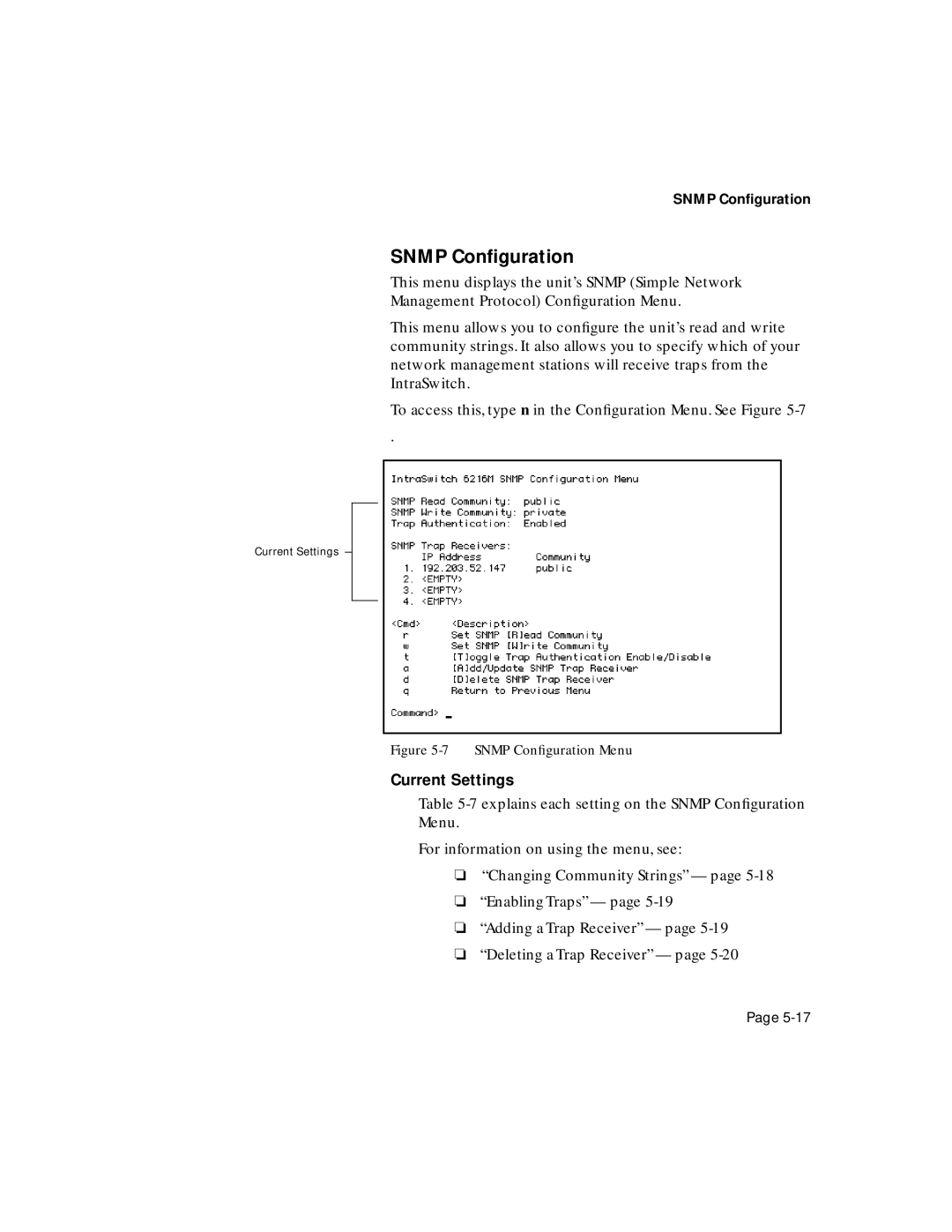 Asante Technologies 6200 manual Snmp Conﬁguration Menu 