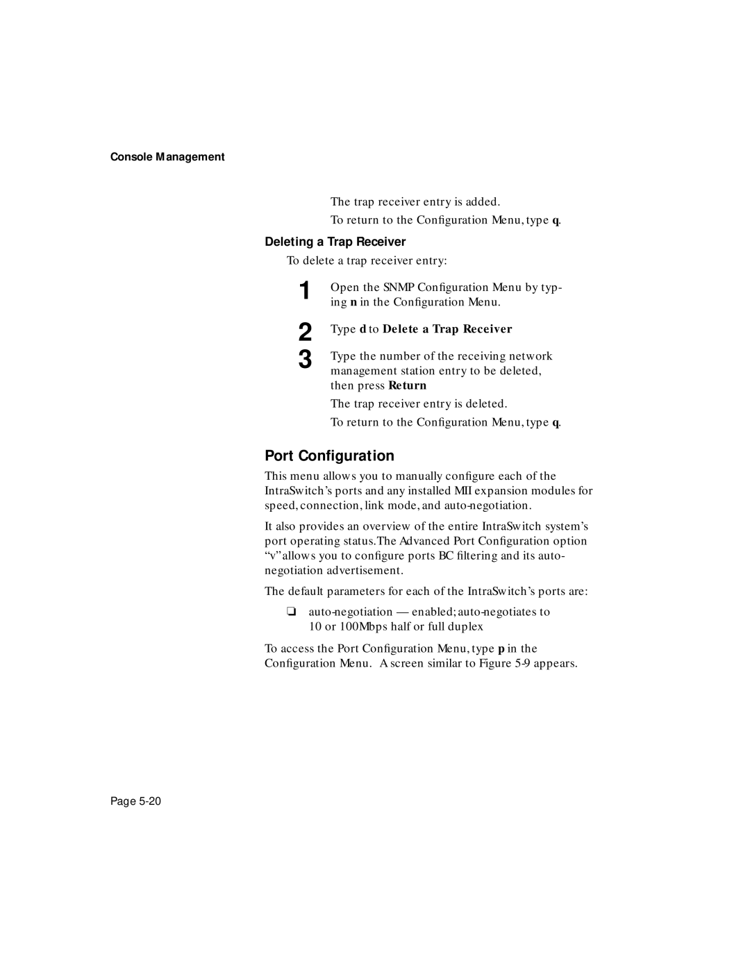 Asante Technologies 6200 manual Port Conﬁguration, Deleting a Trap Receiver, Type d to Delete a Trap Receiver 