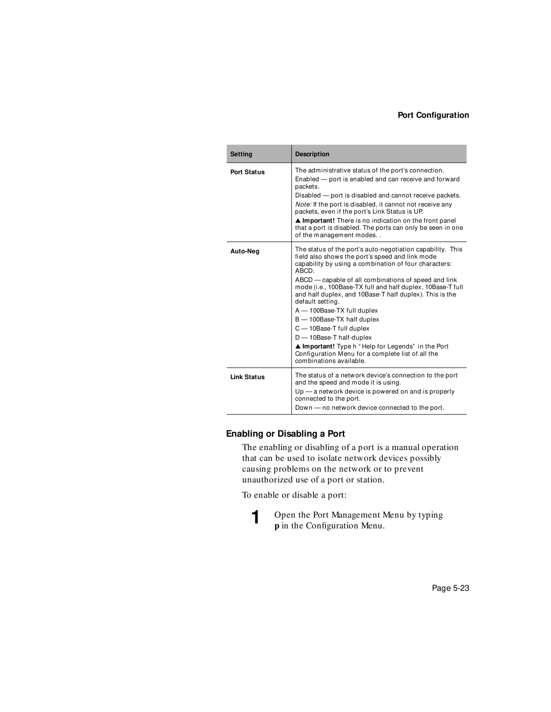 Asante Technologies 6200 manual Enabling or Disabling a Port, Setting Description Port Status, Auto-Neg, Link Status 