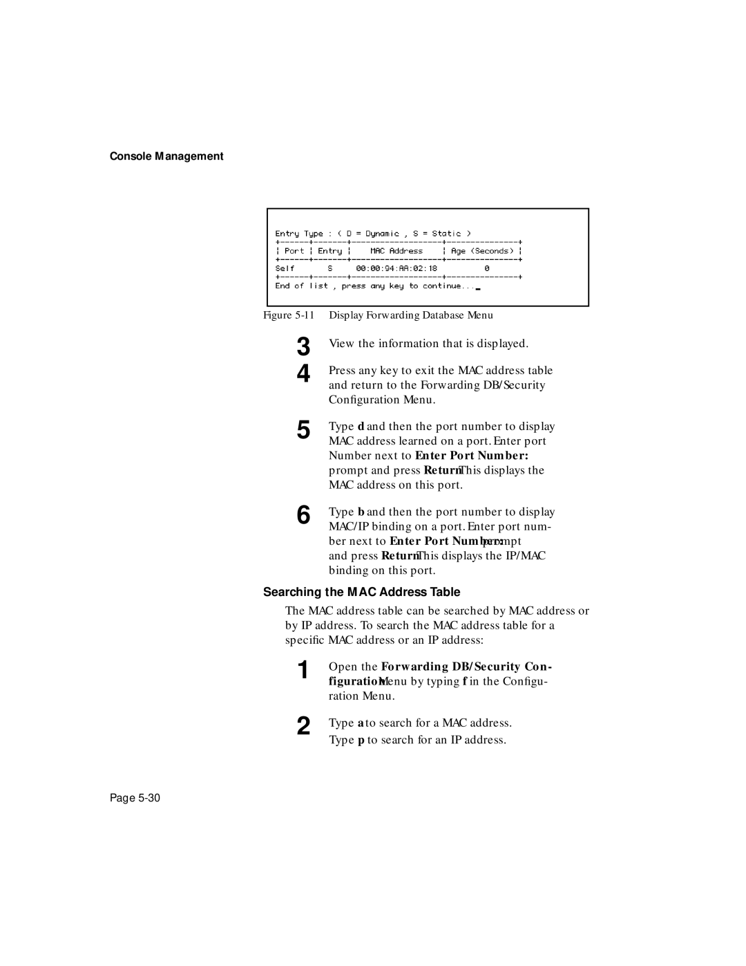 Asante Technologies 6200 manual Number next to Enter Port Number, Searching the MAC Address Table 