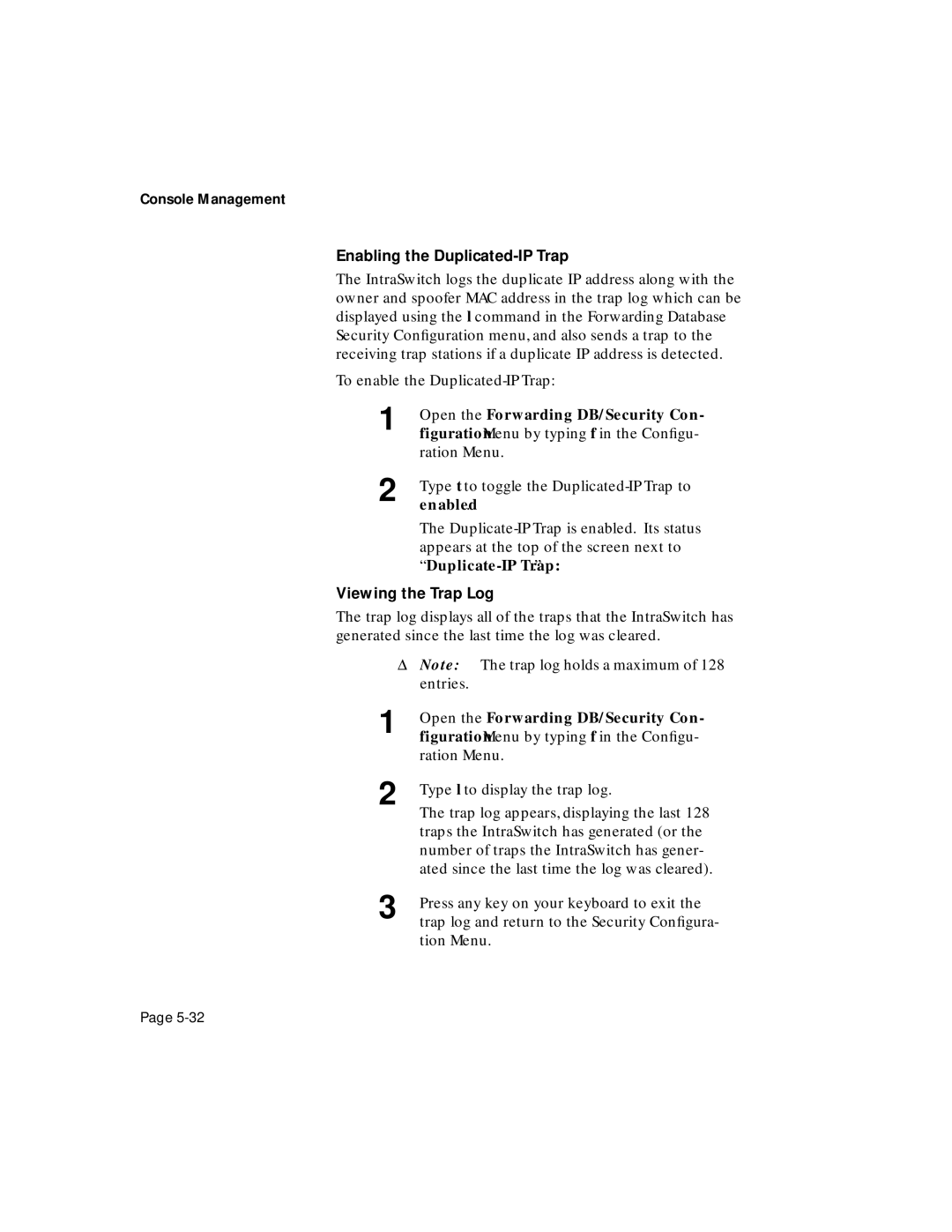 Asante Technologies 6200 manual Enabling the Duplicated-IP Trap, Enabled, Viewing the Trap Log 