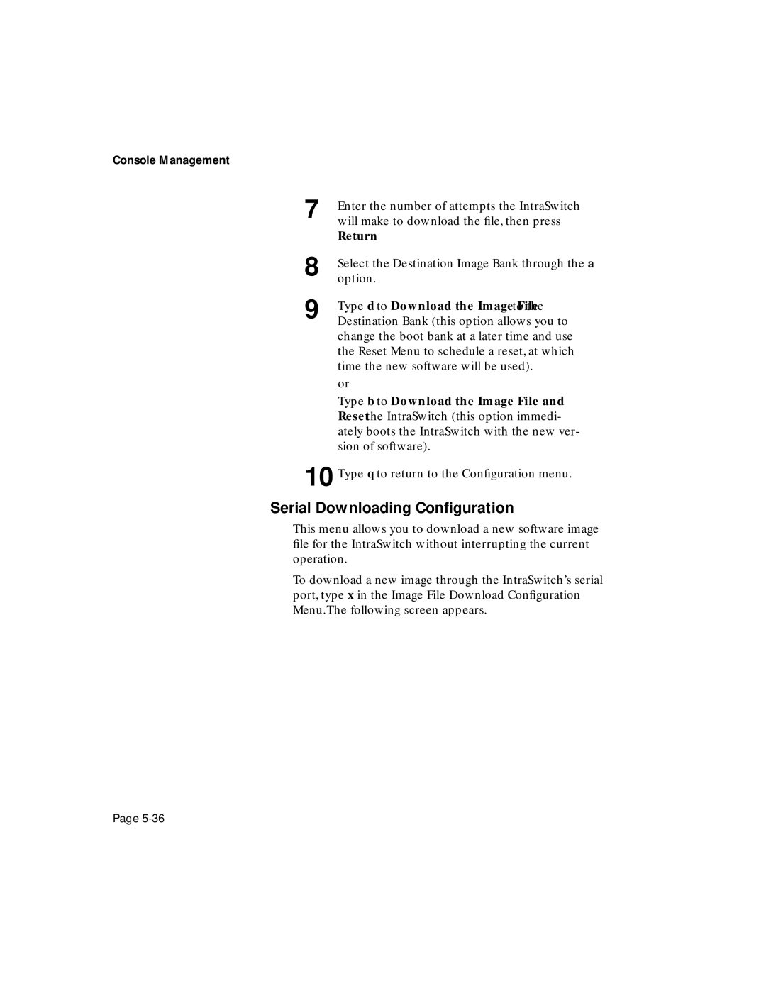 Asante Technologies 6200 manual Serial Downloading Conﬁguration, Return, Type d to Download the Image toFile 