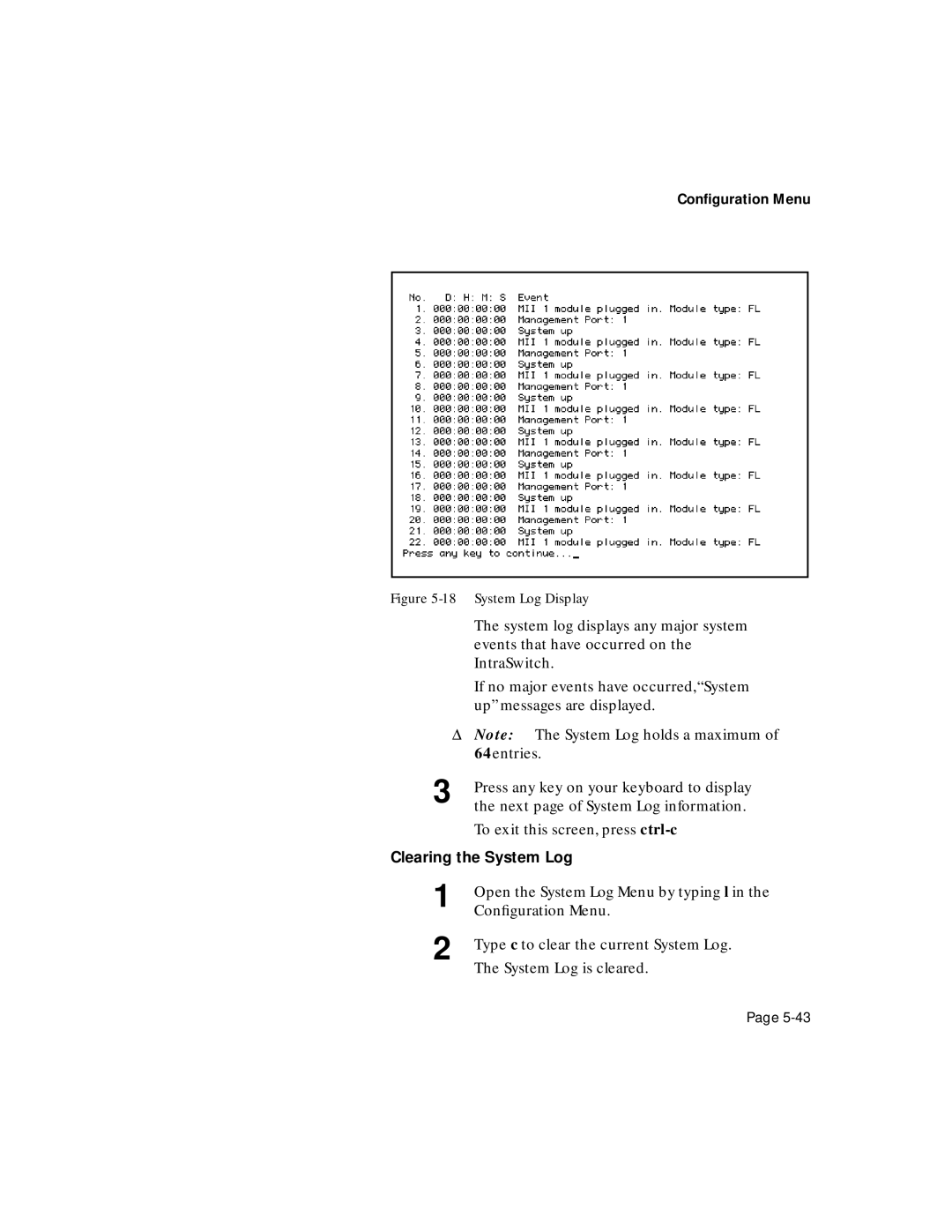 Asante Technologies 6200 manual Clearing the System Log, System Log Display 