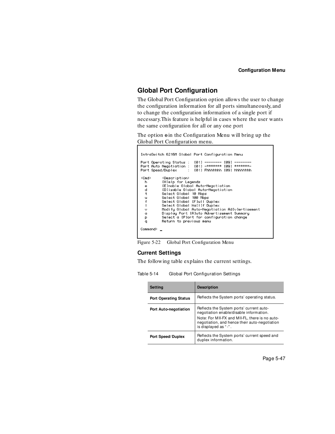 Asante Technologies 6200 manual Global Port Conﬁguration Settings, Setting Description Port Operating Status 