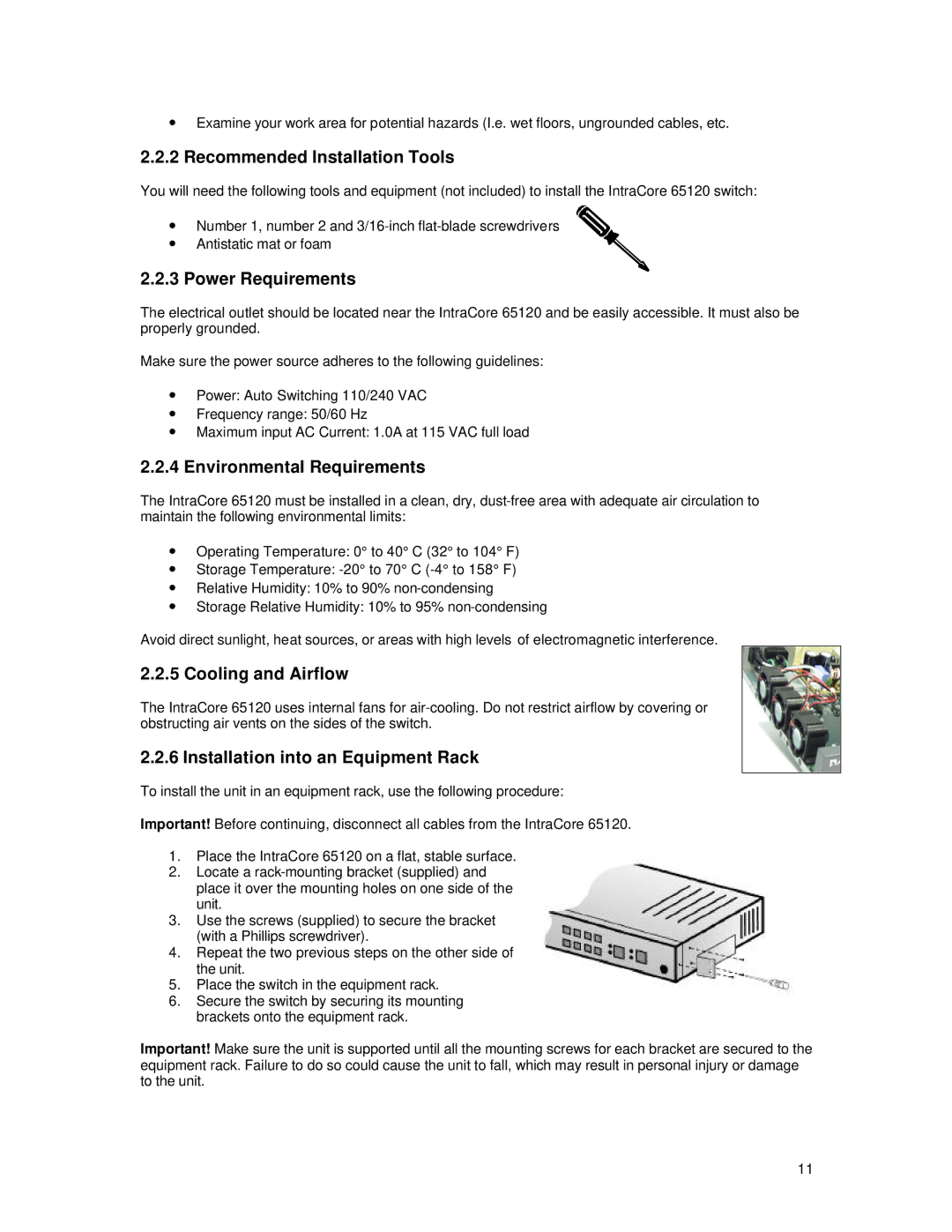 Asante Technologies 65120 user manual Recommended Installation Tools, Power Requirements, Environmental Requirements 