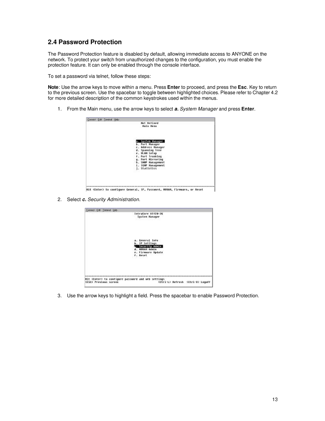 Asante Technologies 65120 user manual Password Protection, Select c. Security Administration 