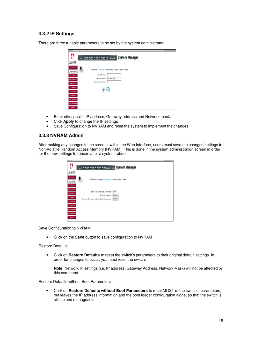 Asante Technologies 65120 user manual IP Settings, Nvram Admin 