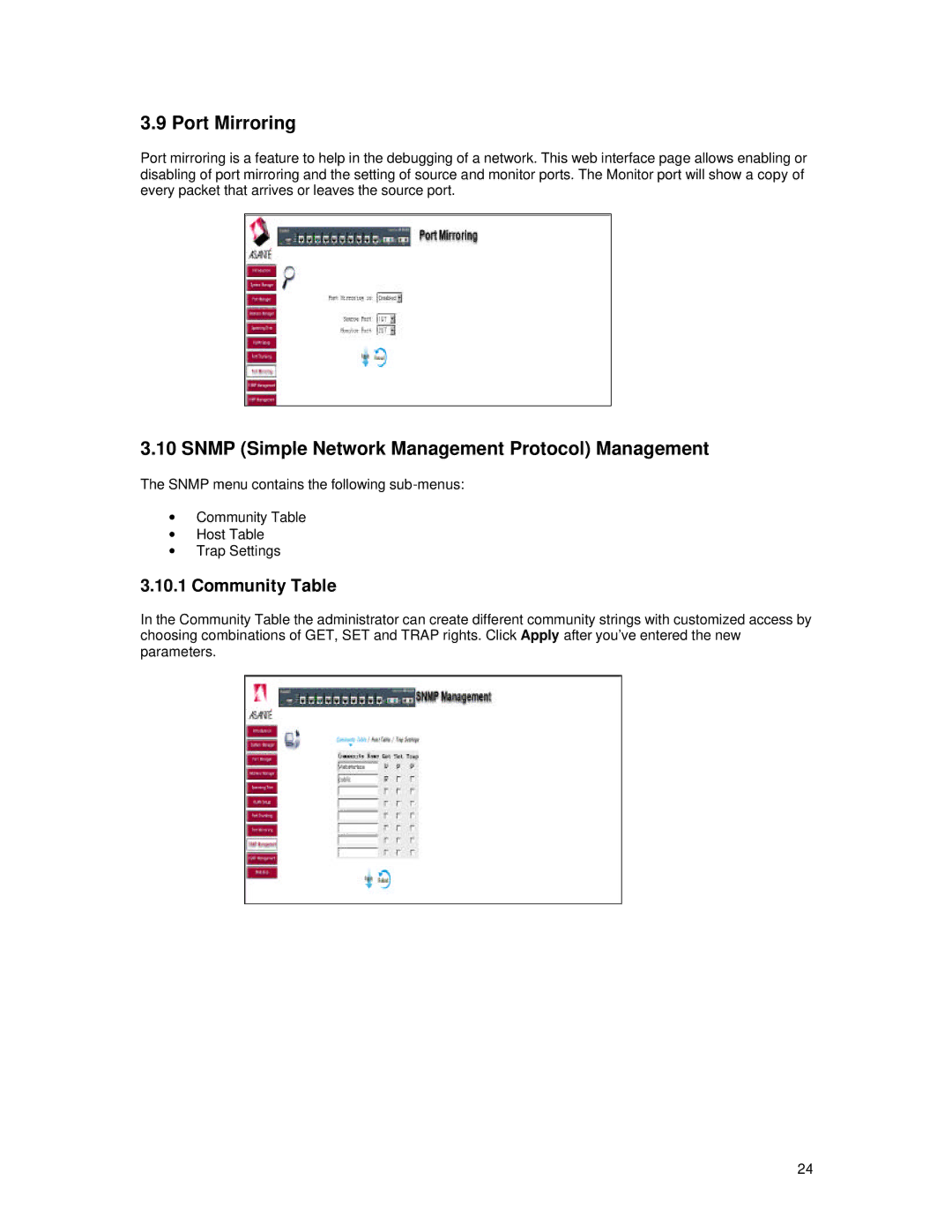 Asante Technologies 65120 user manual Port Mirroring, Snmp Simple Network Management Protocol Management, Community Table 