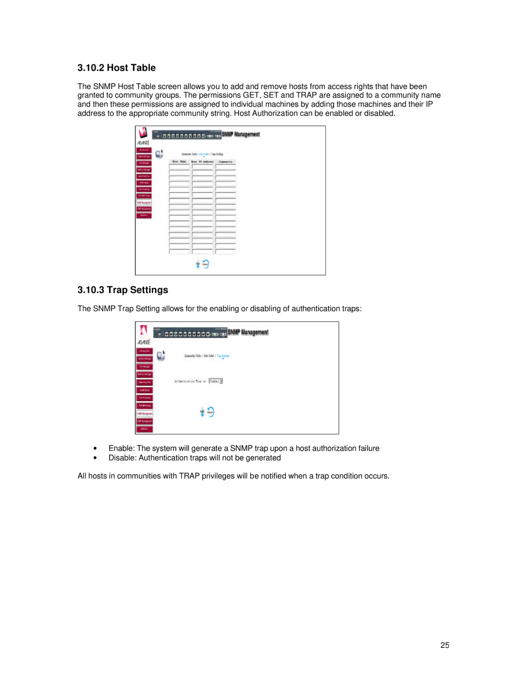 Asante Technologies 65120 user manual Host Table, Trap Settings 