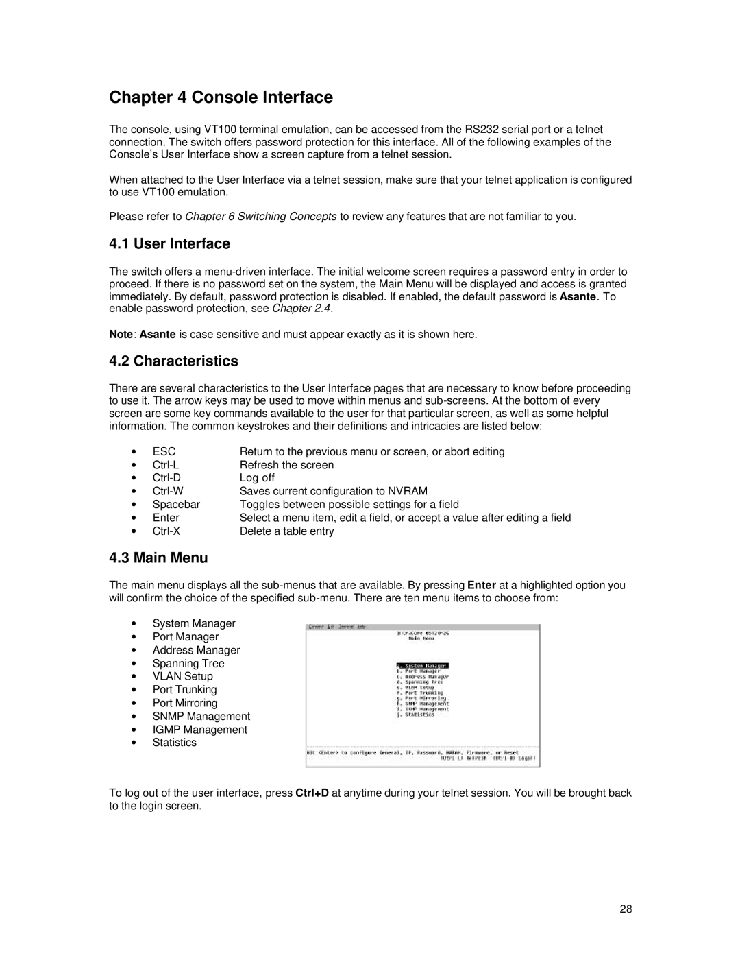 Asante Technologies 65120 user manual Console Interface, User Interface, Characteristics, Main Menu 