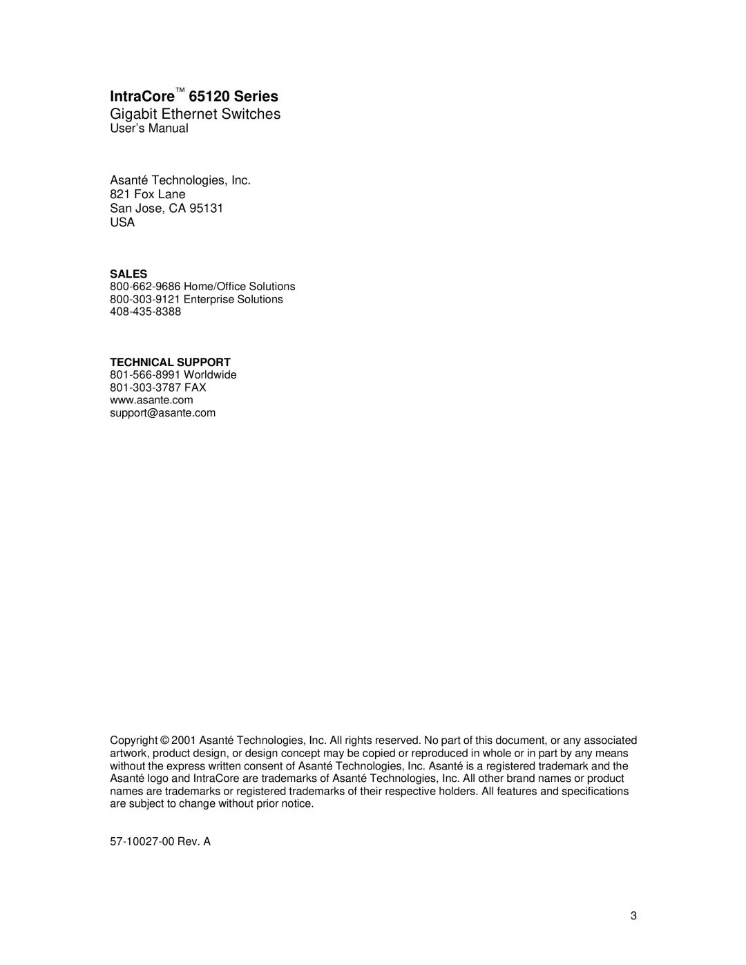 Asante Technologies user manual IntraCore 65120 Series, Gigabit Ethernet Switches 