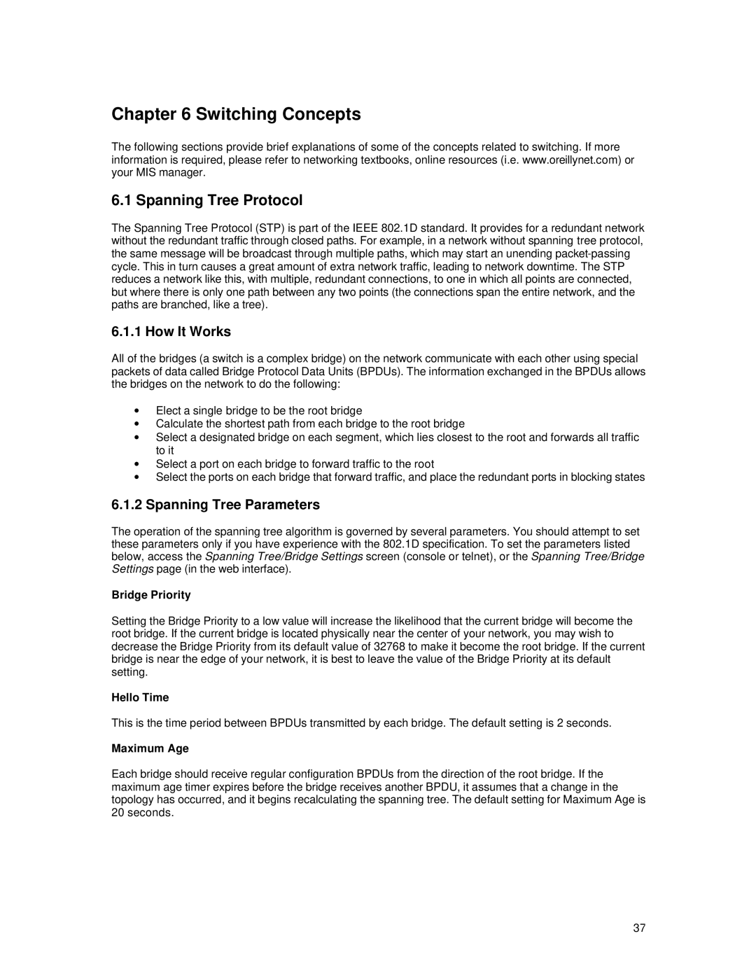 Asante Technologies 65120 user manual Switching Concepts, Spanning Tree Protocol, How It Works, Spanning Tree Parameters 