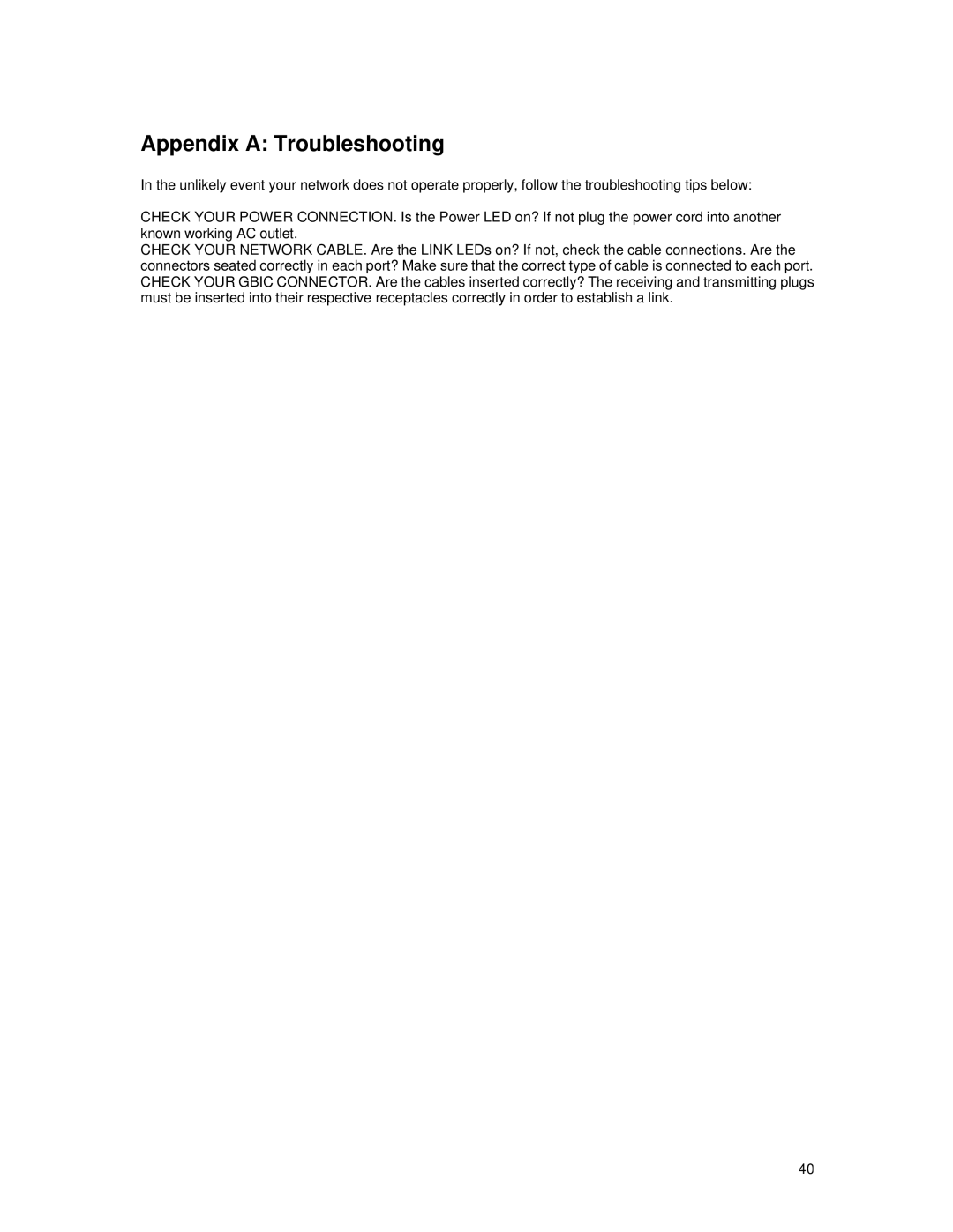 Asante Technologies 65120 user manual Appendix a Troubleshooting 