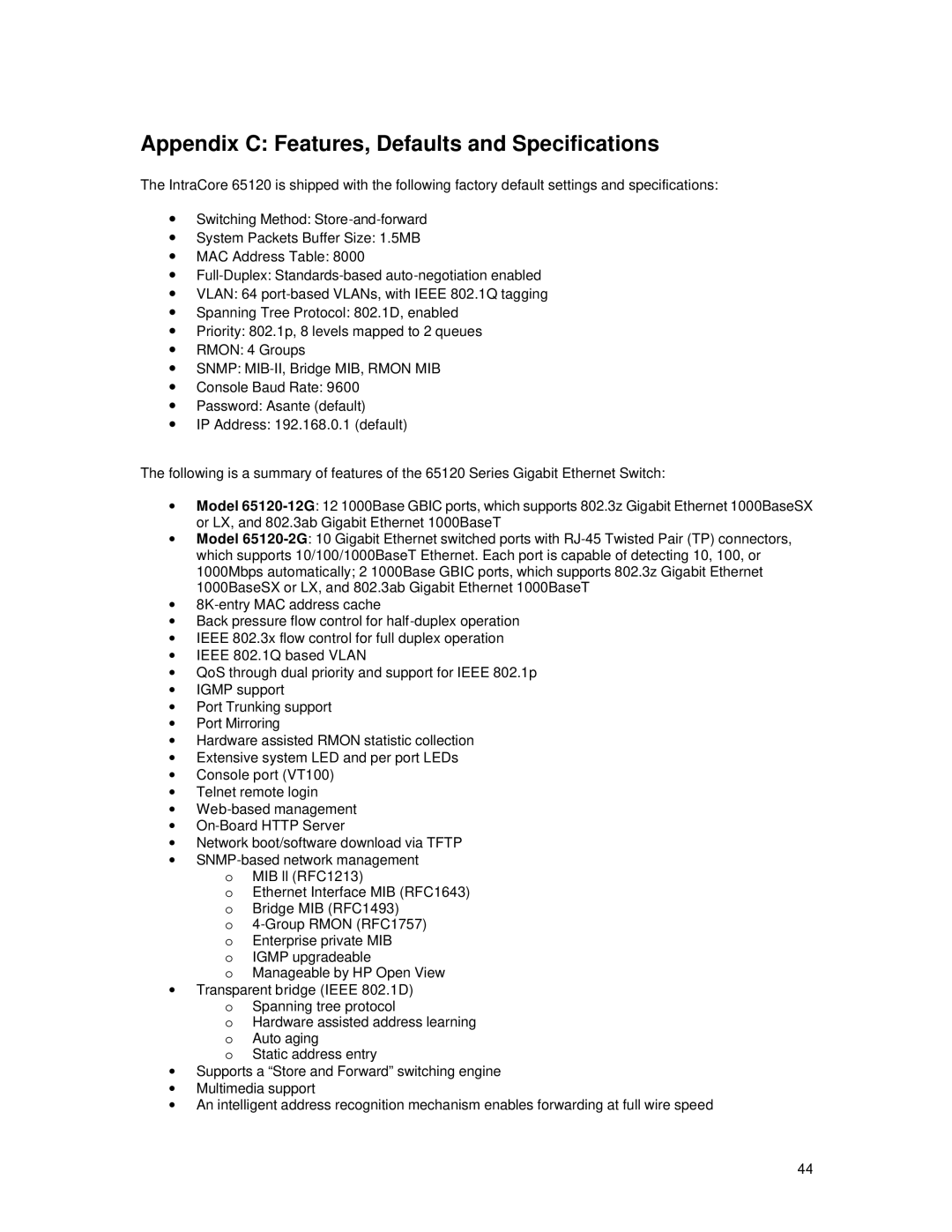 Asante Technologies 65120 user manual Appendix C Features, Defaults and Specifications 