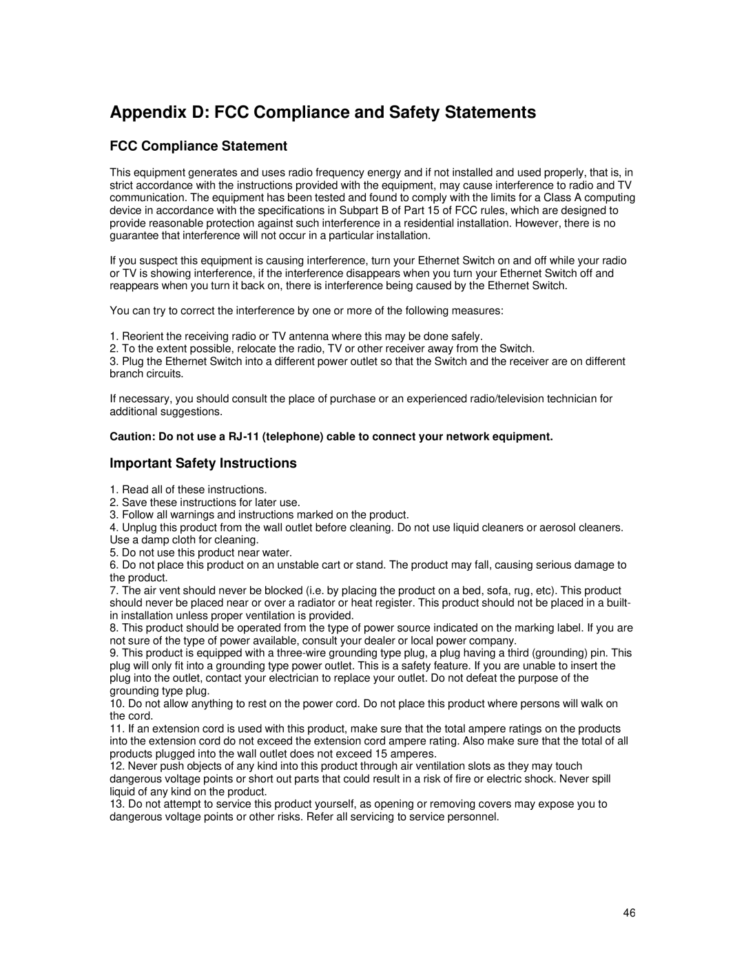 Asante Technologies 65120 user manual Appendix D FCC Compliance and Safety Statements, FCC Compliance Statement 