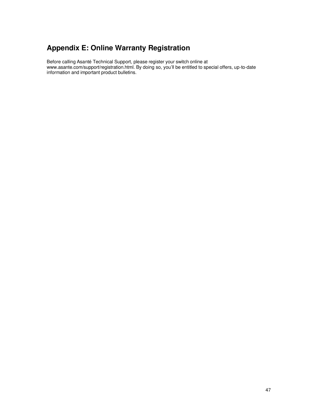 Asante Technologies 65120 user manual Appendix E Online Warranty Registration 