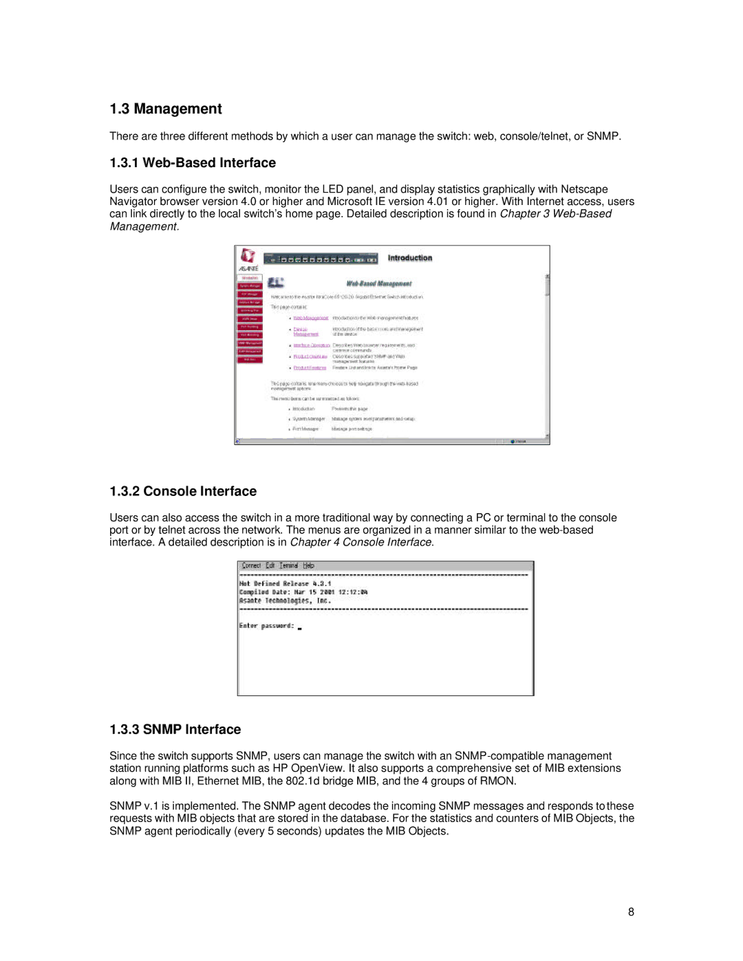 Asante Technologies 65120 user manual Management, Web-Based Interface, Console Interface, Snmp Interface 