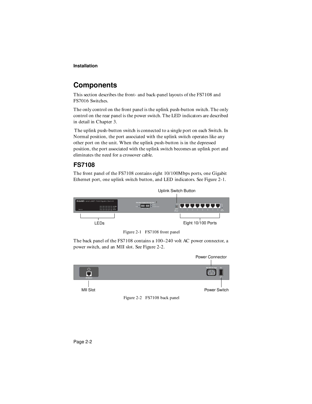 Asante Technologies 7000 user manual Components, FS7108 