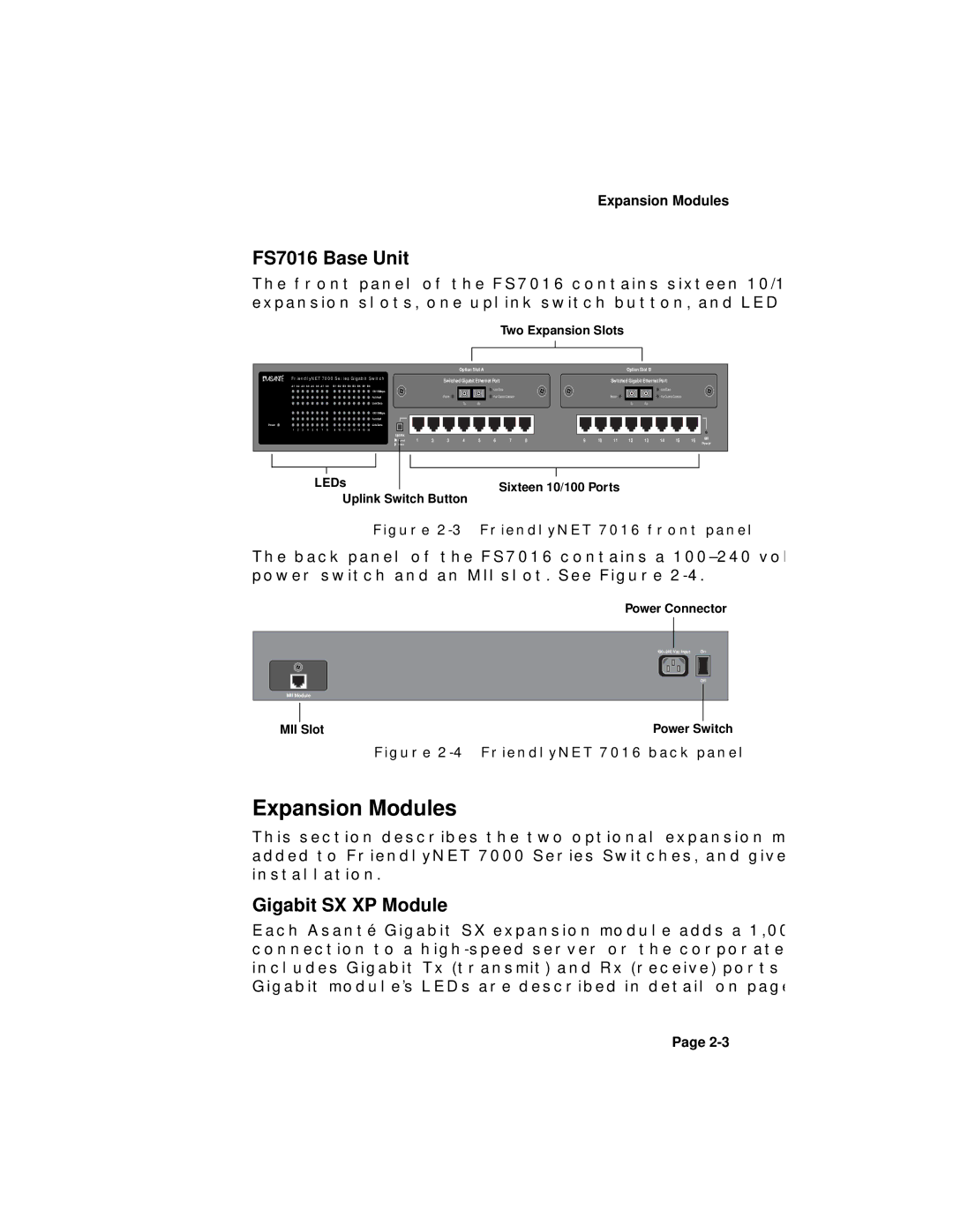 Asante Technologies 7000 user manual Expansion Modules, FS7016 Base Unit, Gigabit SX XP Module 