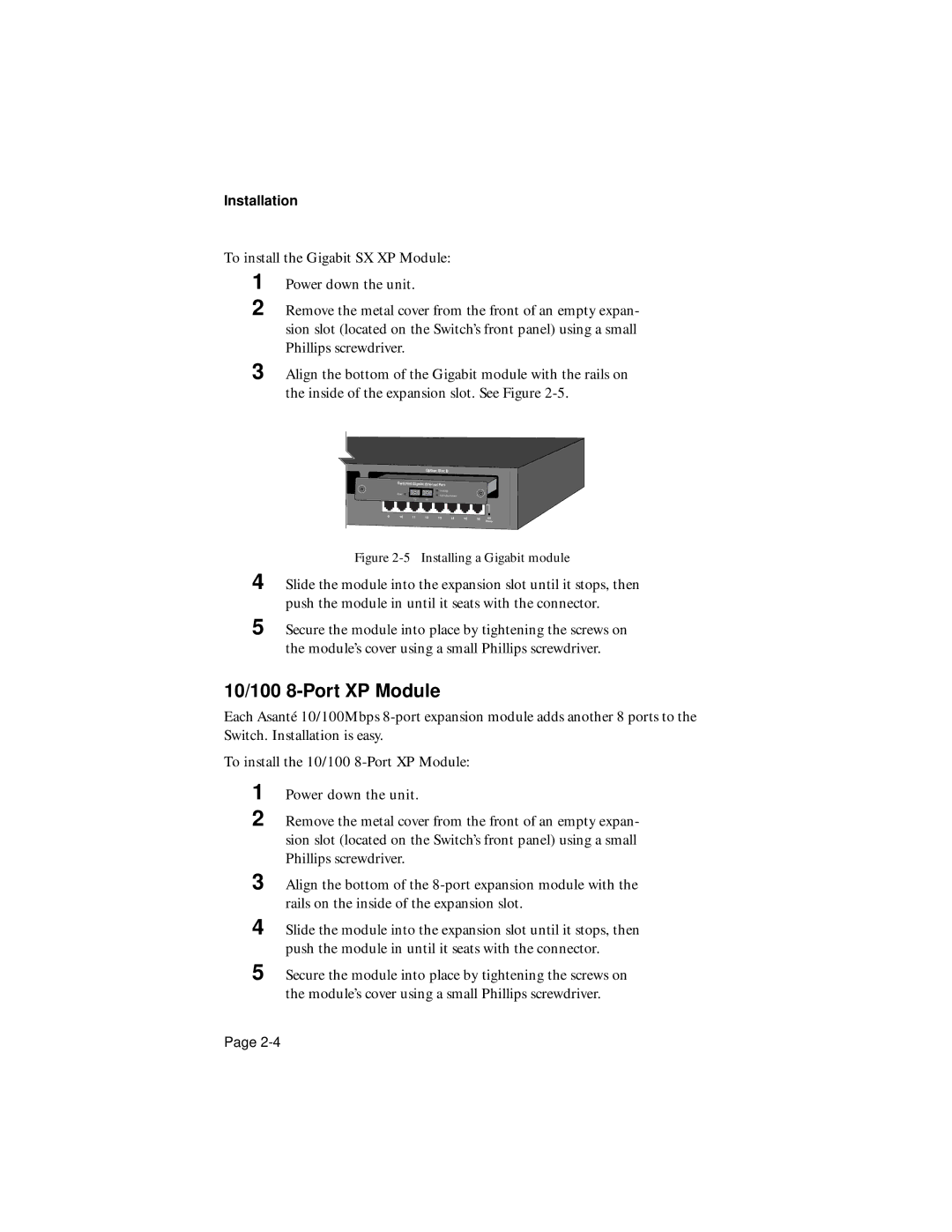 Asante Technologies 7000 user manual 10/100 8-Port XP Module, Installing a Gigabit module 