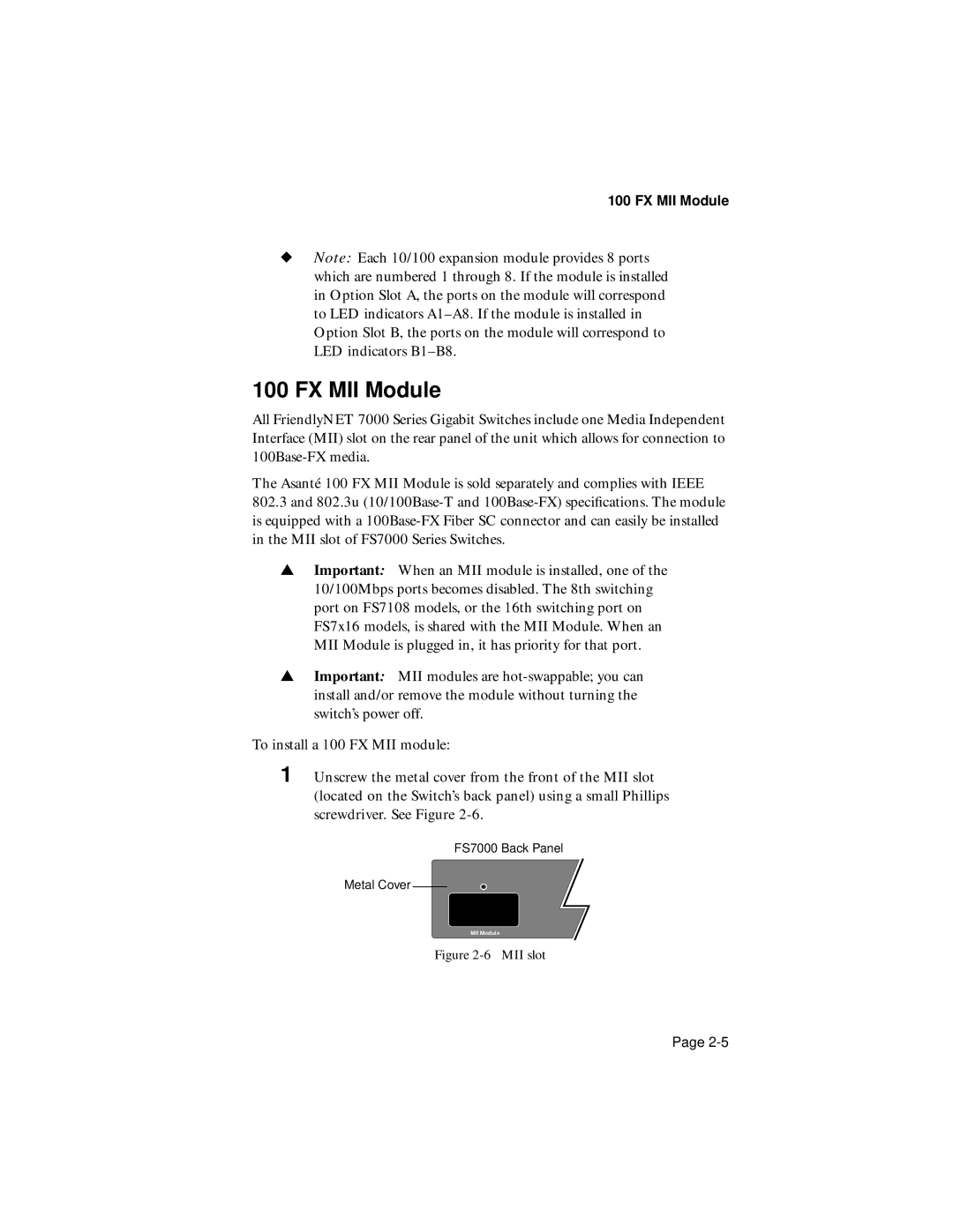 Asante Technologies 7000 user manual FX MII Module, MII slot 