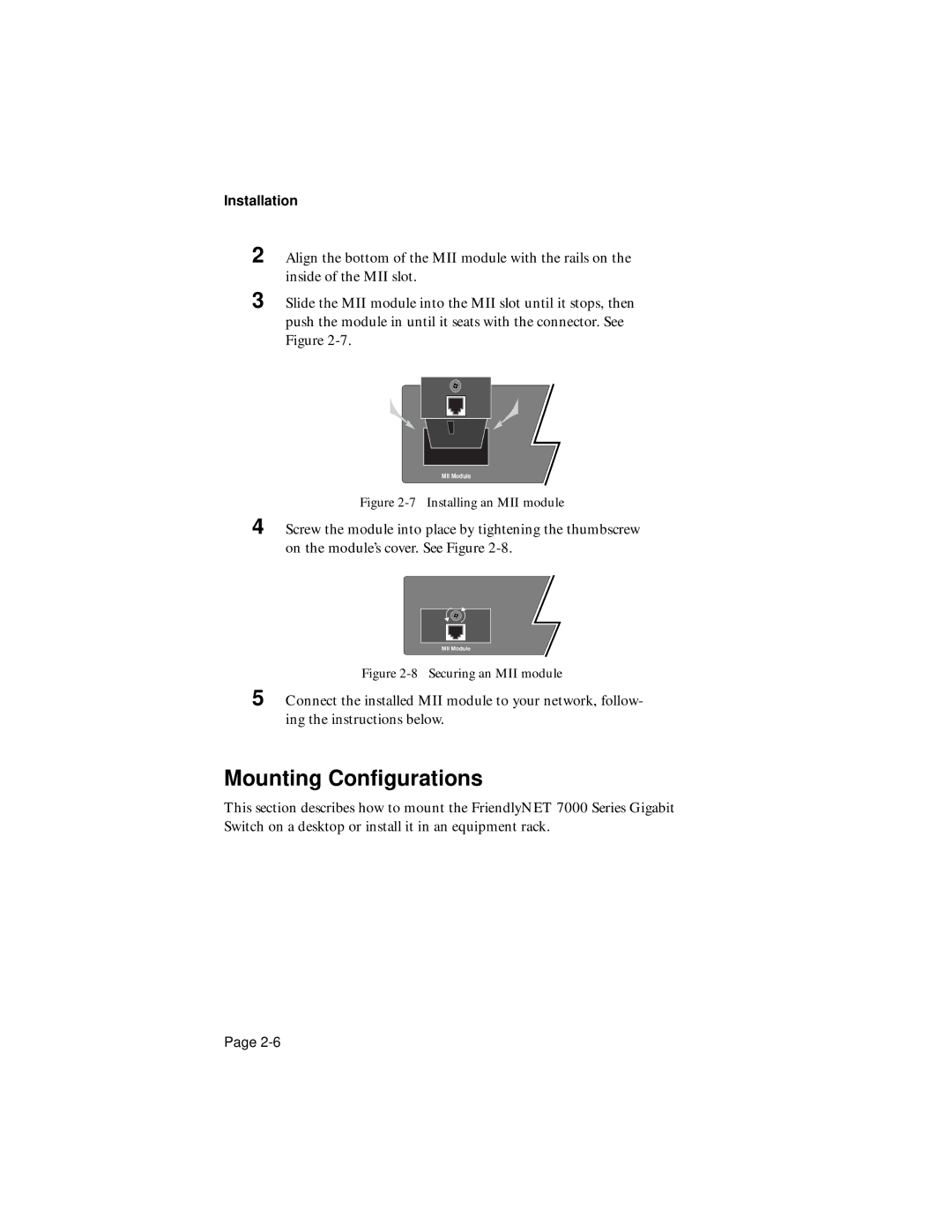 Asante Technologies 7000 user manual Mounting Conﬁgurations, Installing an MII module 