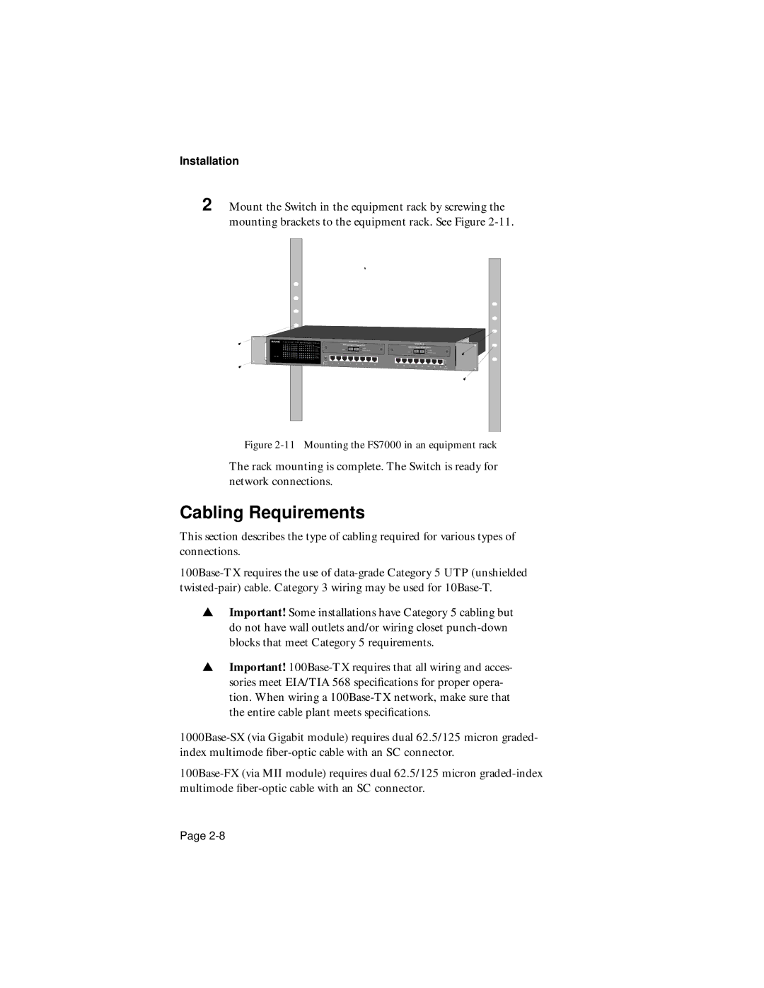 Asante Technologies user manual Cabling Requirements, Mounting the FS7000 in an equipment rack 