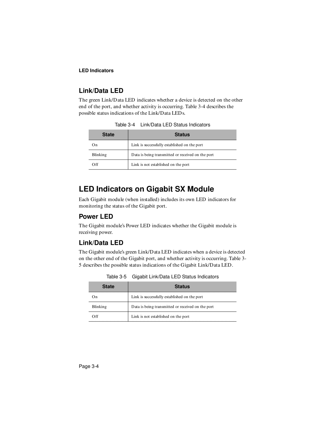 Asante Technologies 7000 user manual LED Indicators on Gigabit SX Module, Link/Data LED, Power LED 