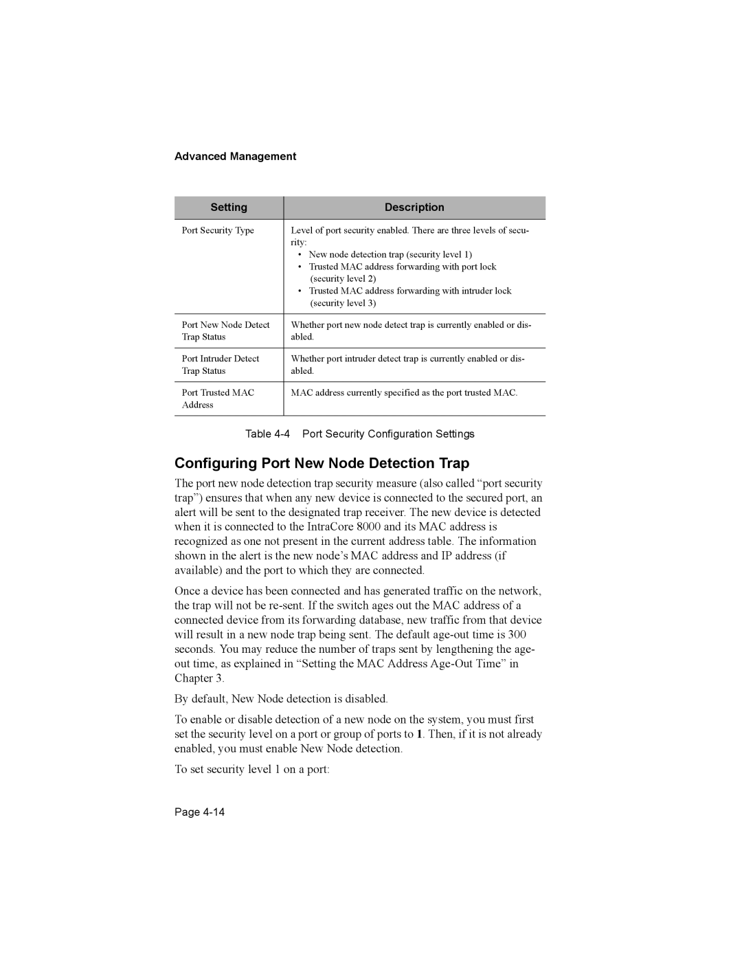 Asante Technologies 8000 user manual Configuring Port New Node Detection Trap, Advanced Management Setting Description 