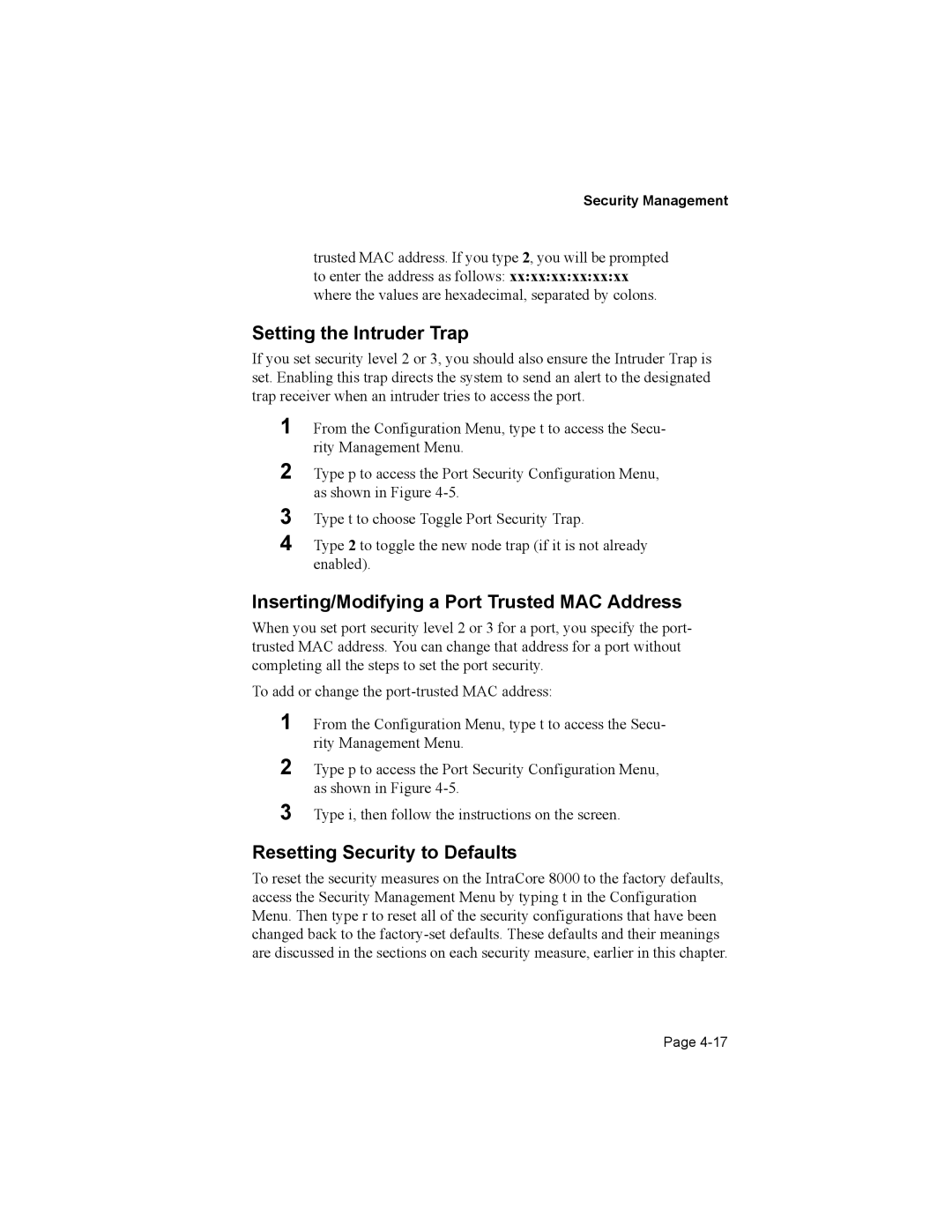 Asante Technologies 8000 user manual Setting the Intruder Trap, Inserting/Modifying a Port Trusted MAC Address 