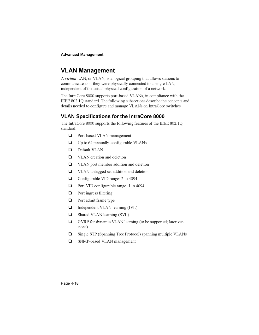 Asante Technologies 8000 user manual Vlan Management, Vlan Specifications for the IntraCore 