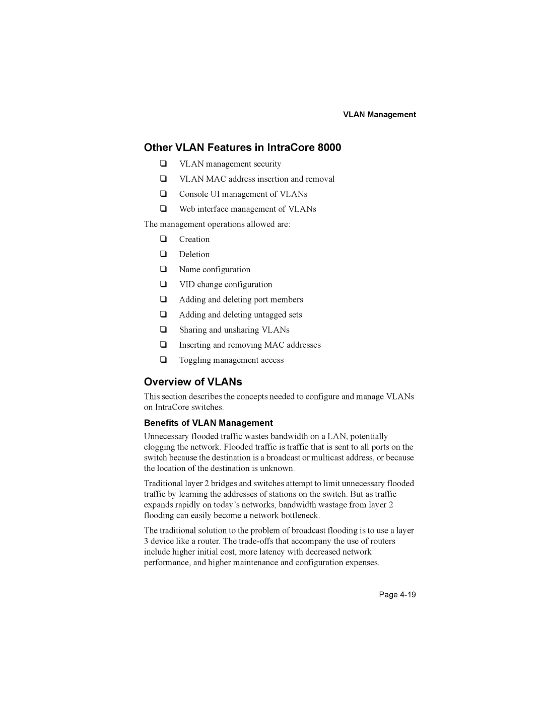 Asante Technologies 8000 user manual Other Vlan Features in IntraCore, Overview of VLANs, Benefits of Vlan Management 