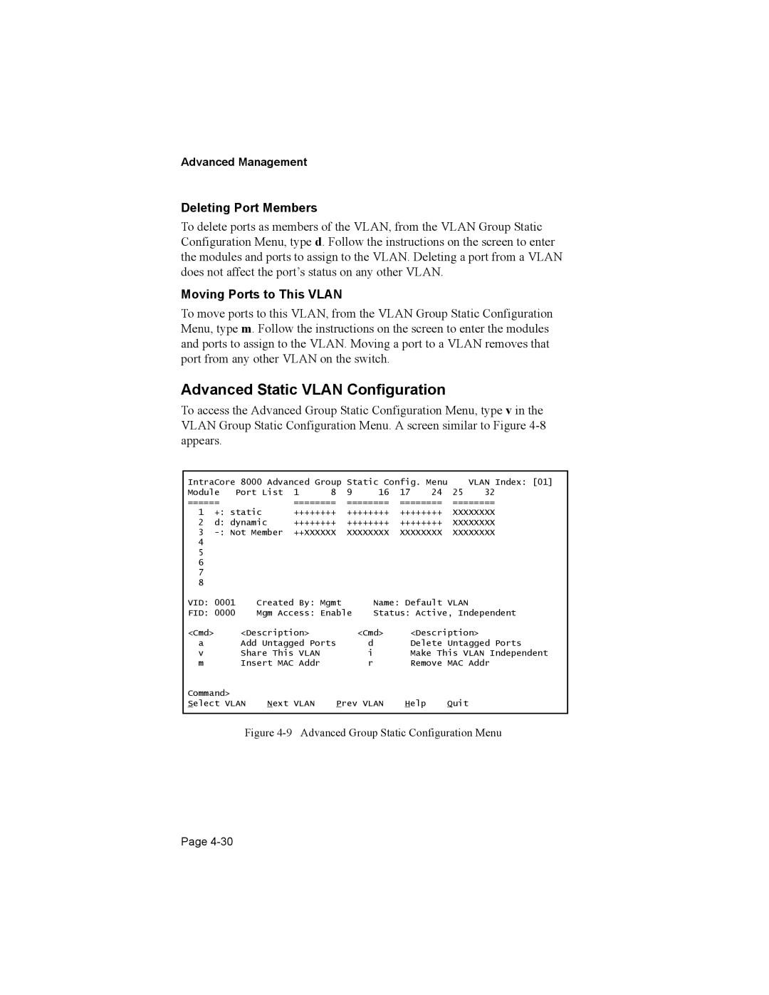 Asante Technologies 8000 user manual Advanced Static Vlan Configuration, Deleting Port Members, Moving Ports to This Vlan 