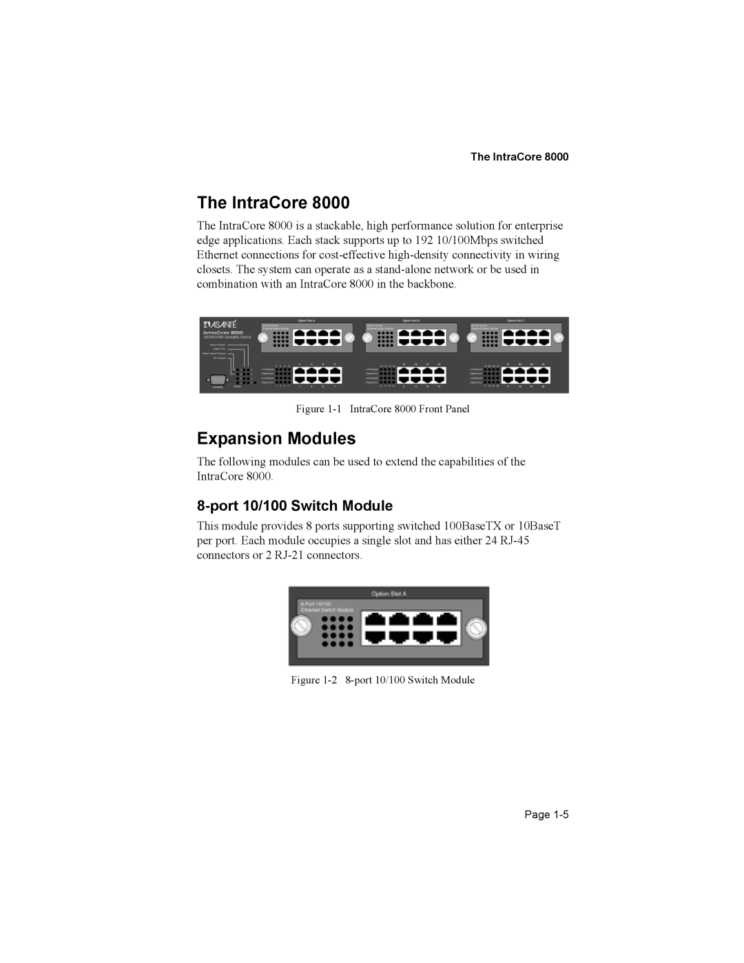 Asante Technologies 8000 user manual IntraCore, Expansion Modules, Port 10/100 Switch Module 