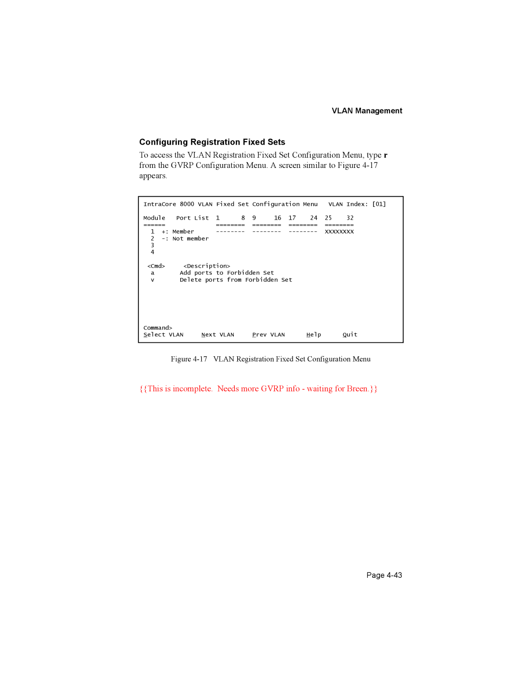 Asante Technologies 8000 user manual Configuring Registration Fixed Sets, Vlan Registration Fixed Set Configuration Menu 