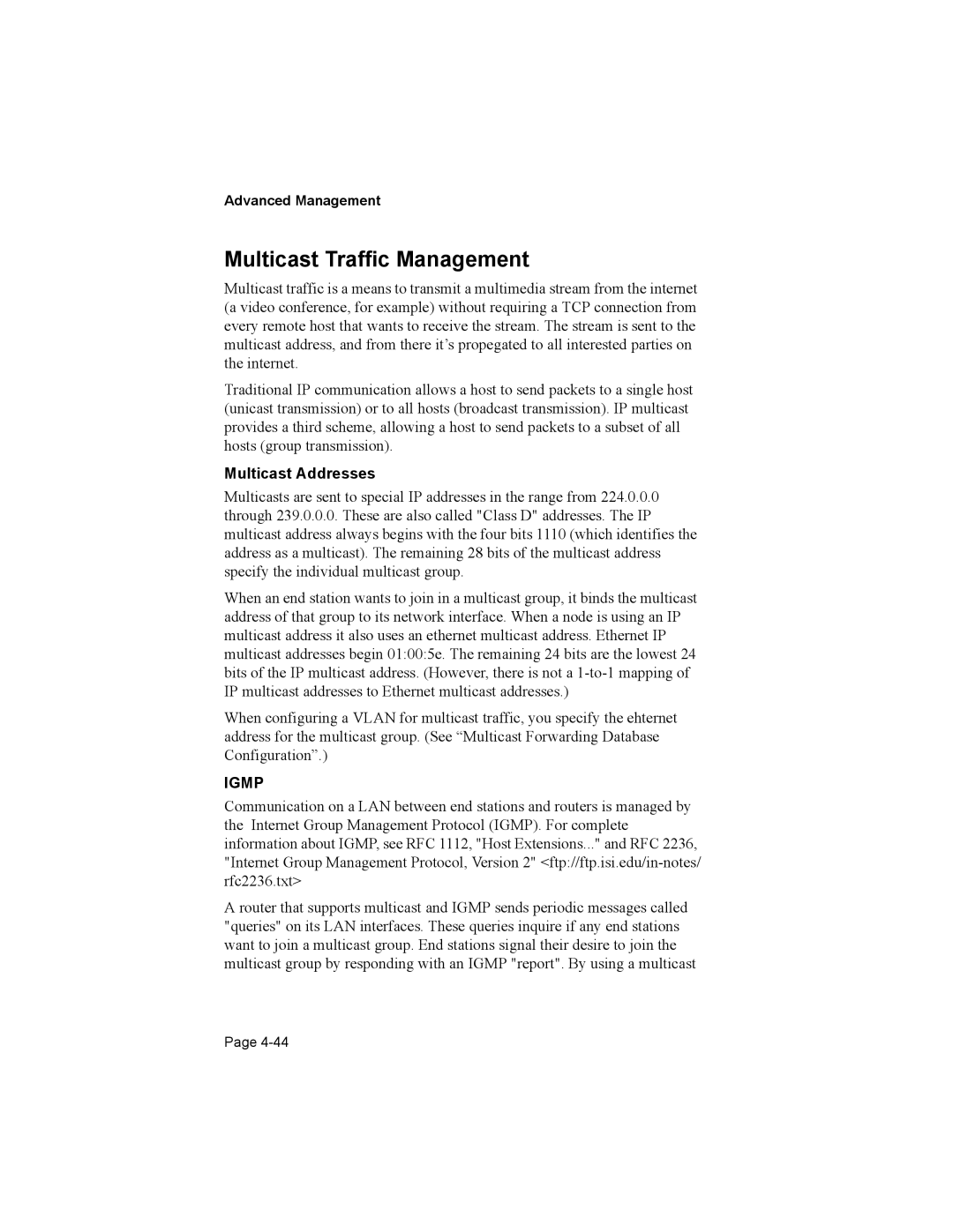 Asante Technologies 8000 user manual Multicast Traffic Management, Multicast Addresses 