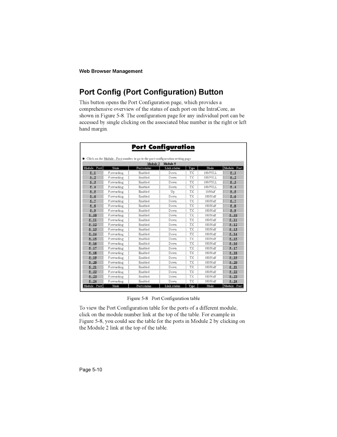 Asante Technologies 8000 user manual Port Config Port Configuration Button, Port Configuration table 