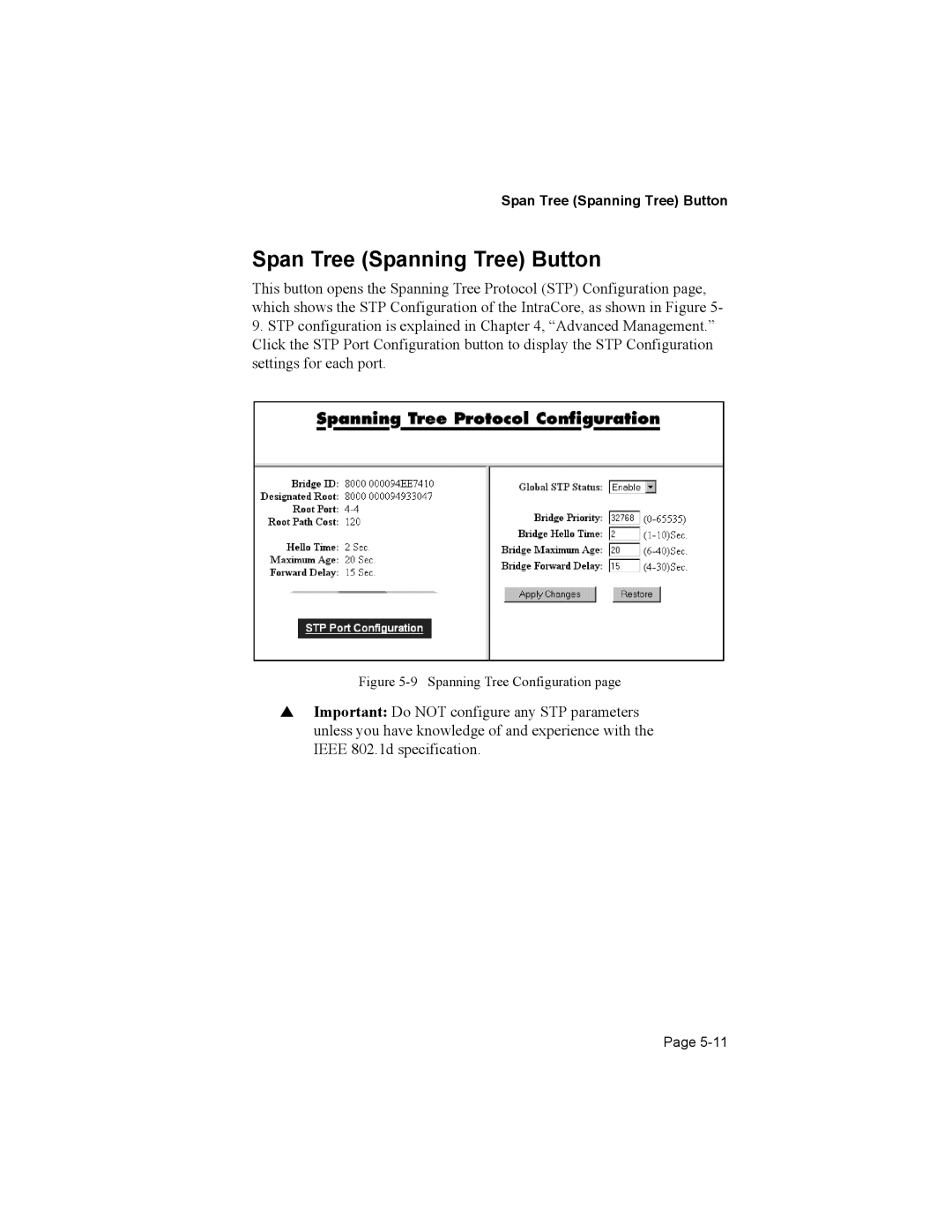 Asante Technologies 8000 user manual Span Tree Spanning Tree Button 