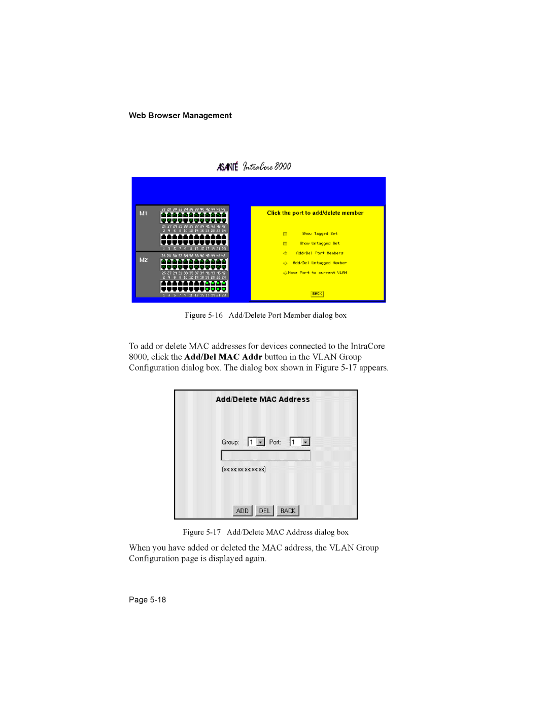 Asante Technologies 8000 user manual 16 Add/Delete Port Member dialog box 