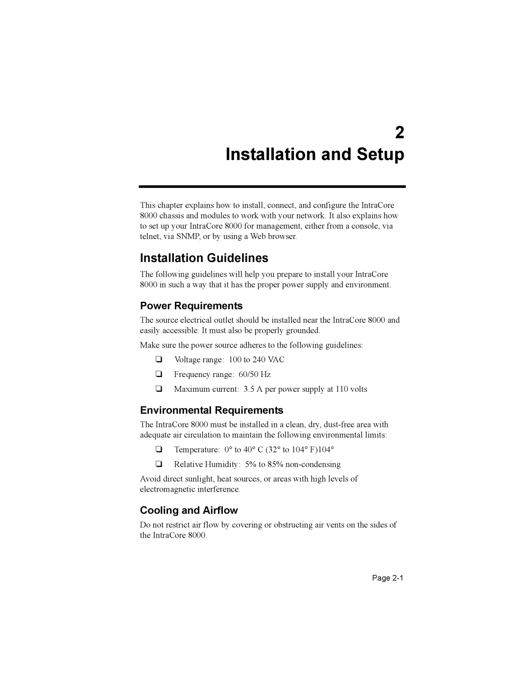 Asante Technologies 8000 Installation Guidelines, Power Requirements, Environmental Requirements, Cooling and Airflow 