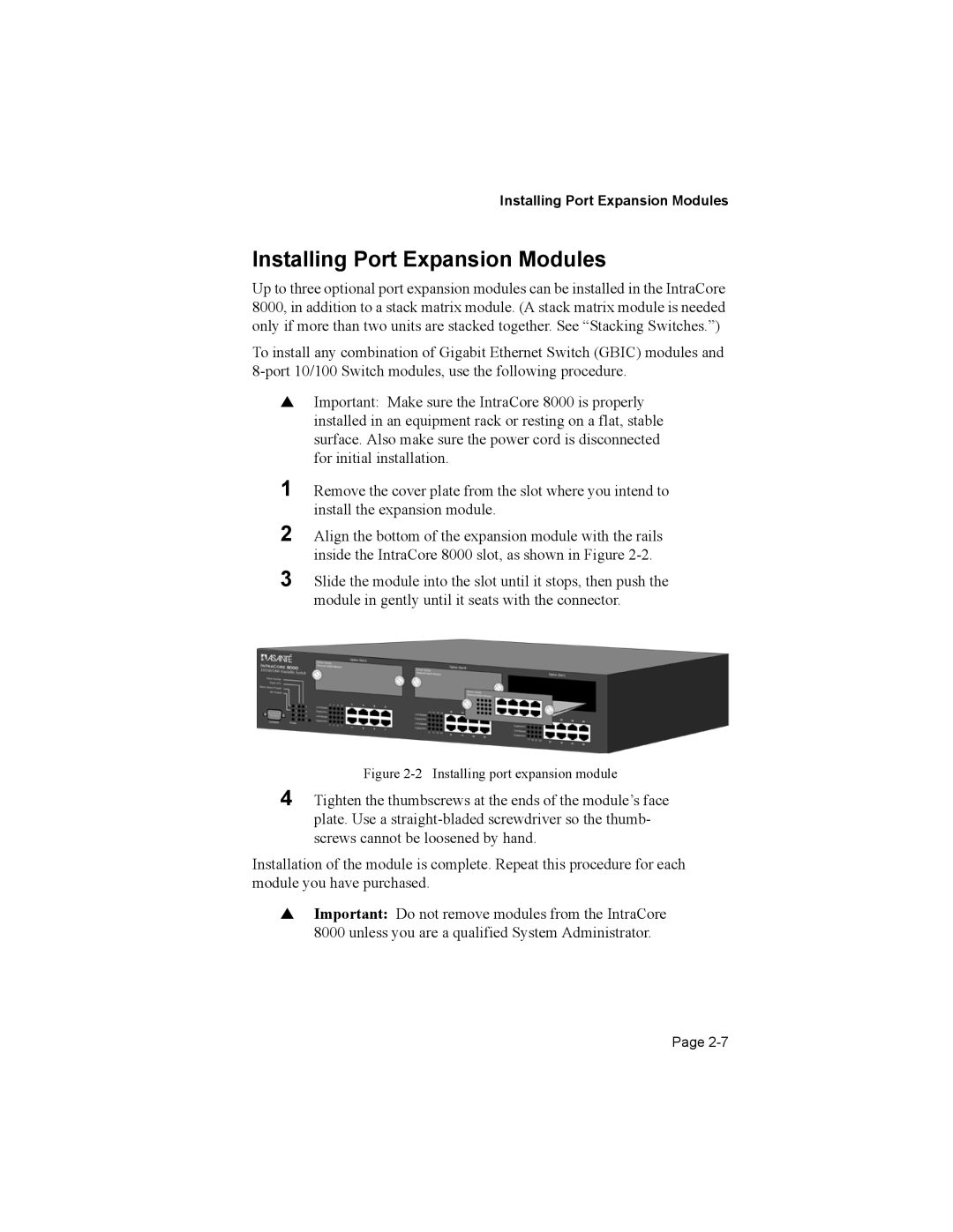 Asante Technologies 8000 user manual Installing Port Expansion Modules 